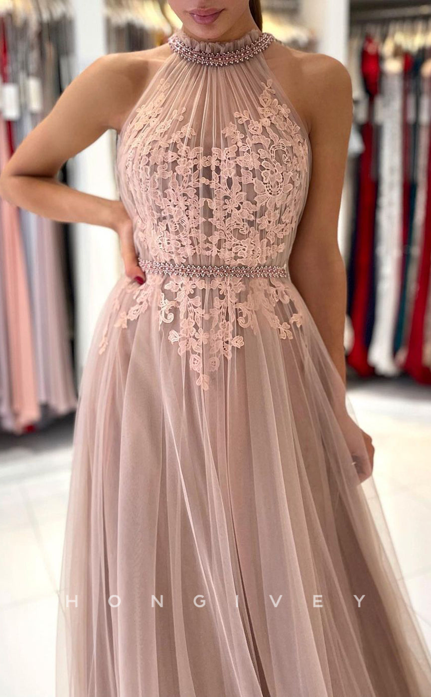 L1905 - Sexy Tulle A-Line High Neck Empire Sleeveless Appliques With Train Party Prom Evening Dress - Fashionpara