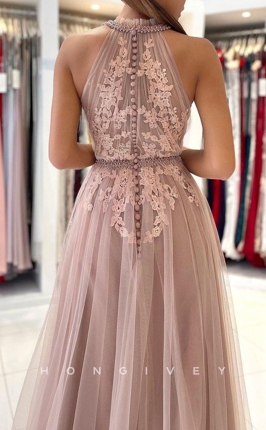 L1905 - Sexy Tulle A-Line High Neck Empire Sleeveless Appliques With Train Party Prom Evening Dress - Fashionpara
