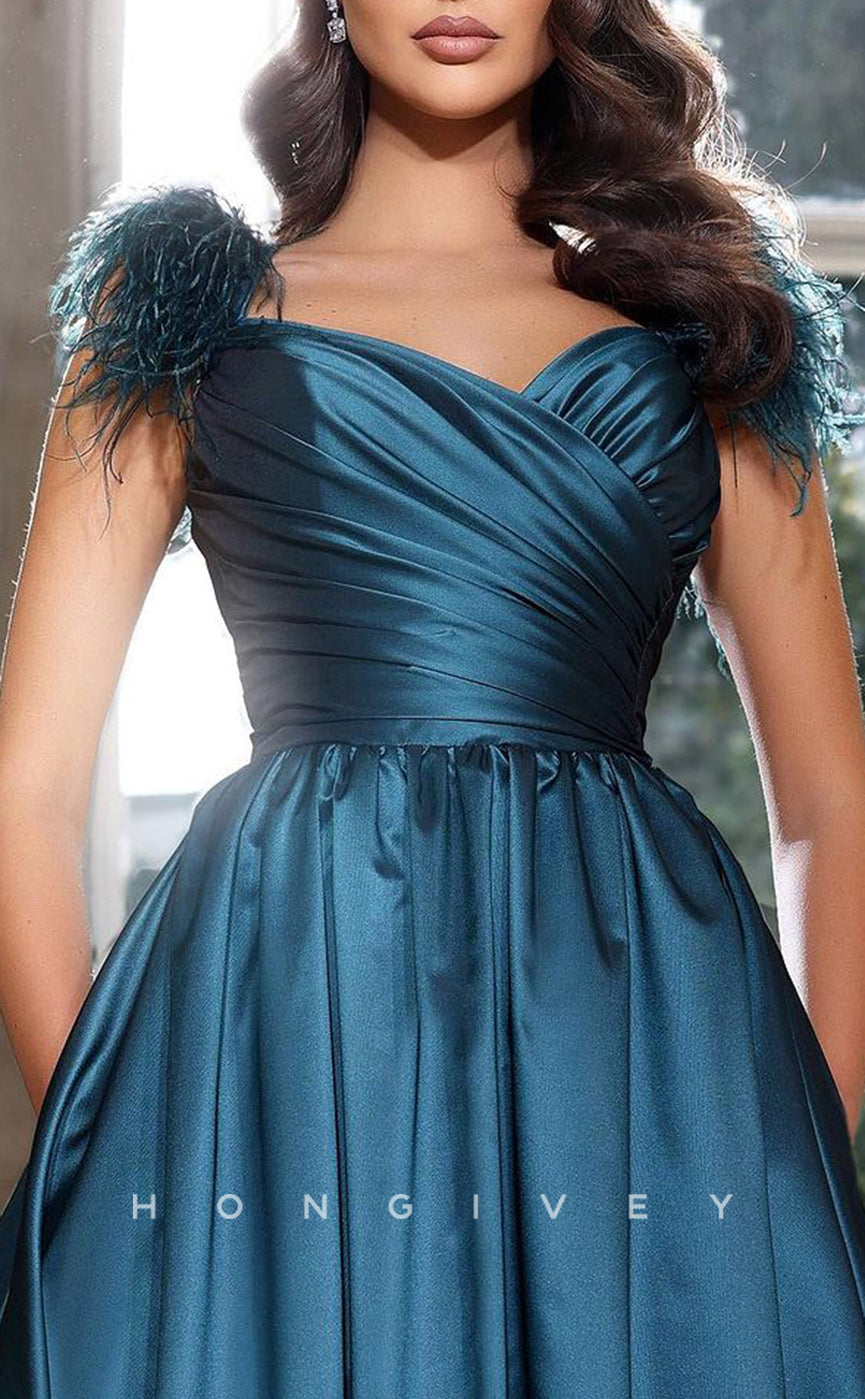 L1914 - Sexy Satin A-Line Asymmetrical Empire Ruched Feathers Floor-Length Party Prom Evening Dress - Fashionpara