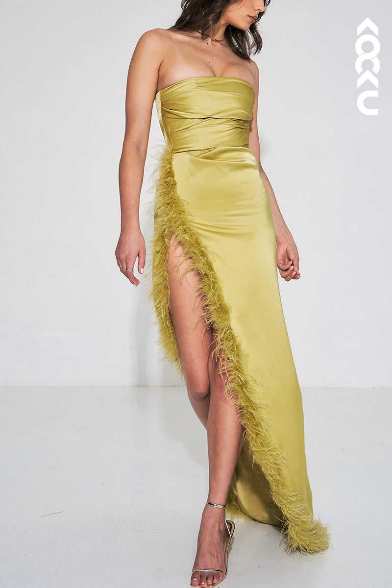 L1927 - Strapless Sleeveless Feather Ruched Satin Sheath Long Evening Dress