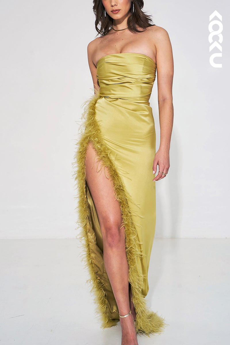 L1927 - Strapless Sleeveless Feather Ruched Satin Sheath Long Evening Dress
