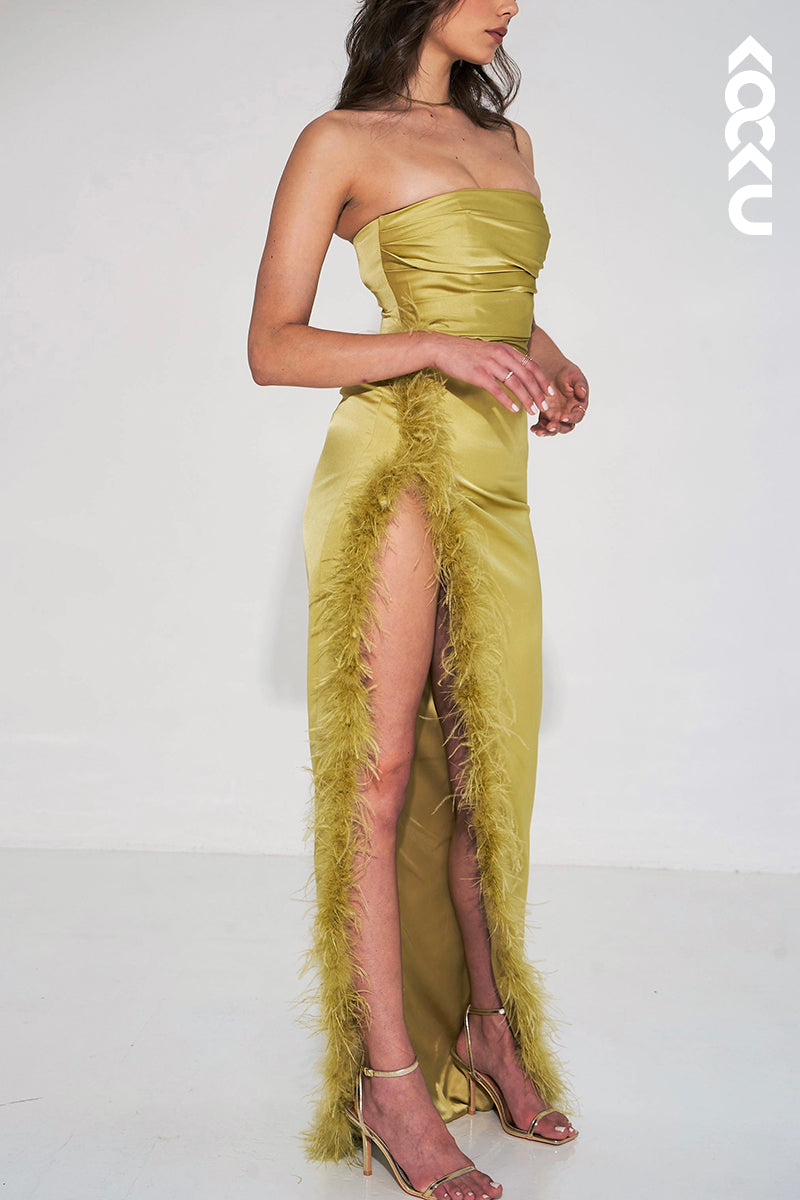 L1927 - Strapless Sleeveless Feather Ruched Satin Sheath Long Evening Dress