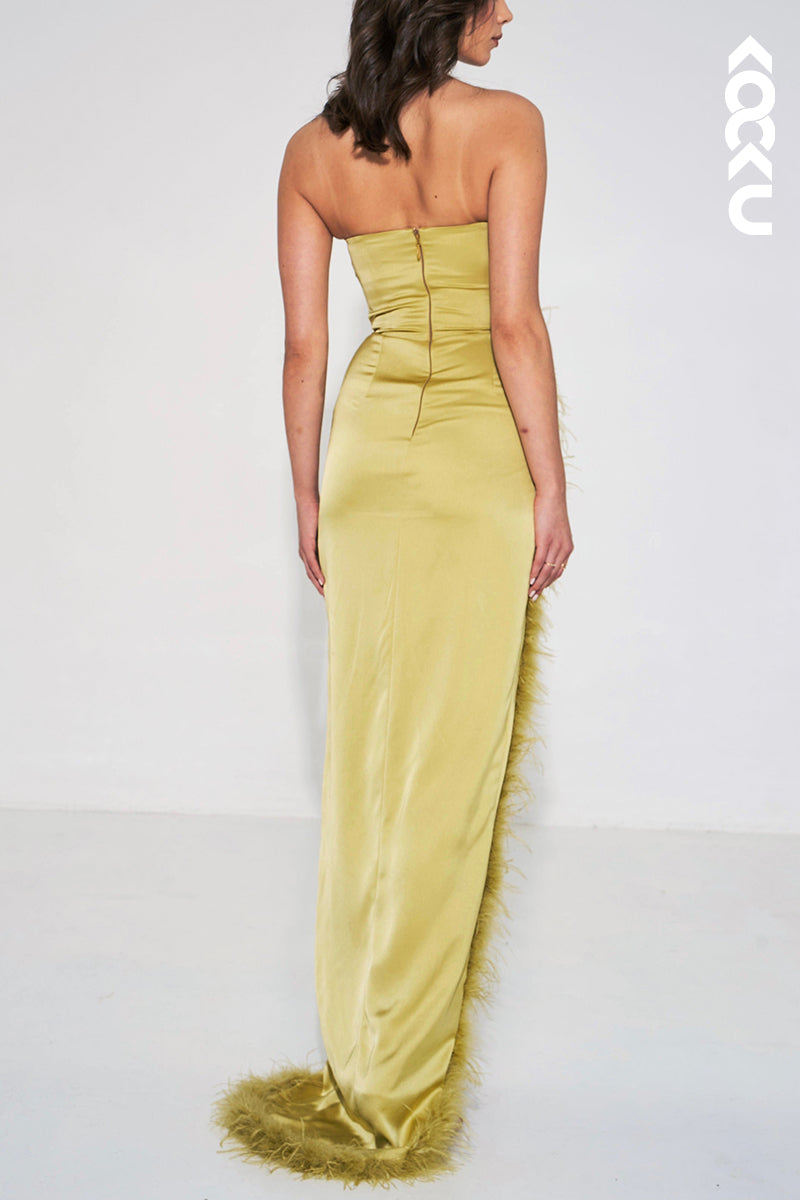 L1927 - Strapless Sleeveless Feather Ruched Satin Sheath Long Evening Dress