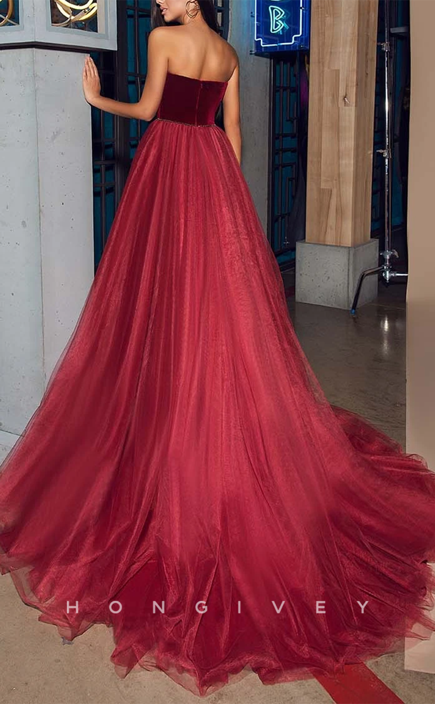 L1933 - Sexy Tulle A-Line Sweetheart Strapless Empire Beaded With Train Party Prom Evening Dress - Fashionpara