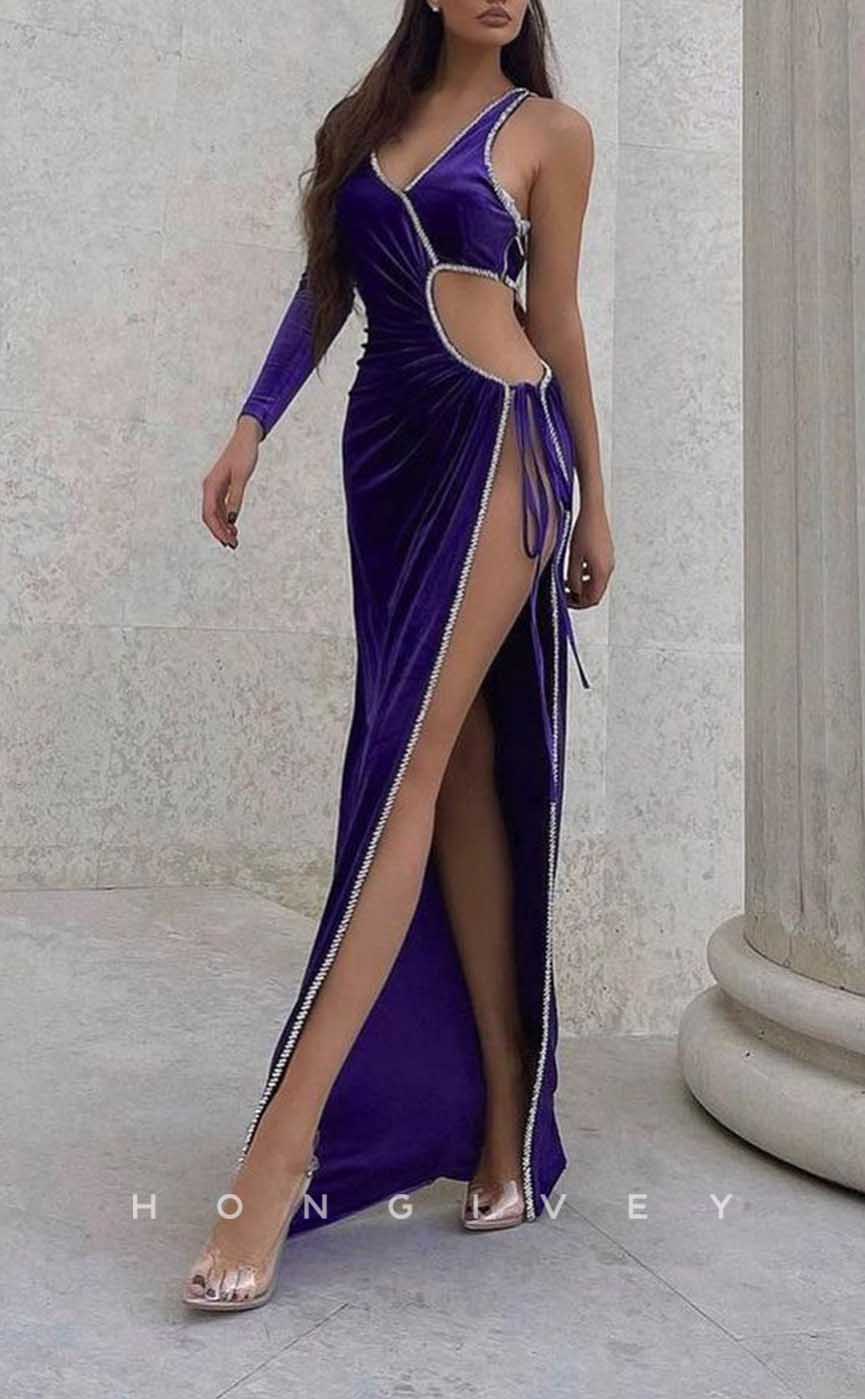 L1967 - Sexy Satin Fitted Asymmetrical Empire Illusion High Slit Gown Party Prom Evening Dress - Fashionpara