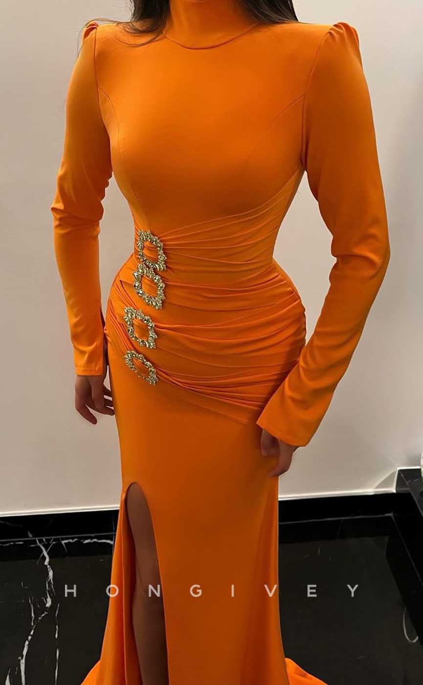 L1971 - Sexy Satin Trumpt High Neck Long Sleeves Empire Ruched Beaded Party Prom Evening Dress - Fashionpara