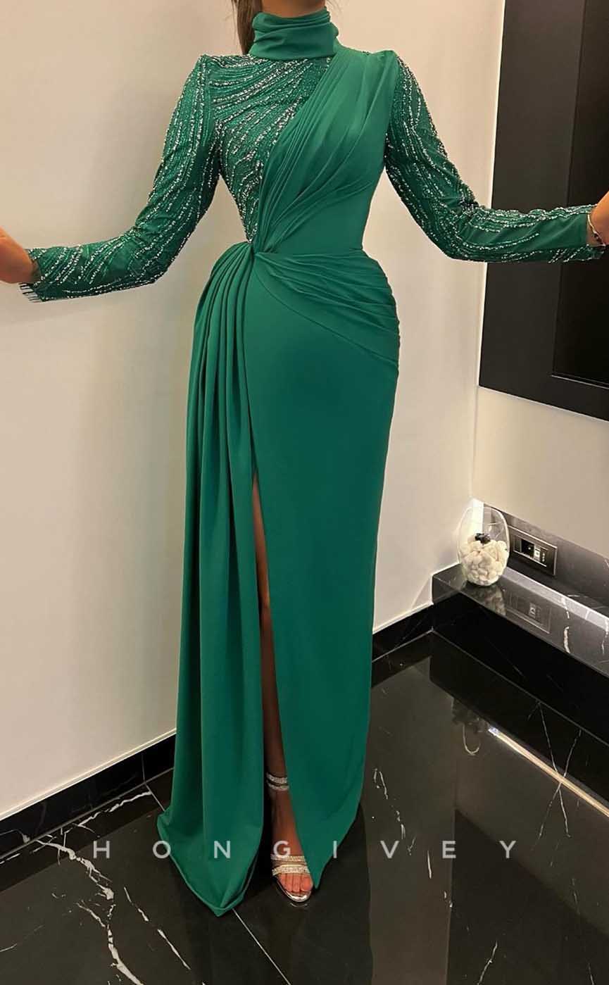 L1972 - Sexy Satin Fitted High Neck Long Sleeve Empire Beaded With Side Slit Party Prom Evening Dress - Fashionpara