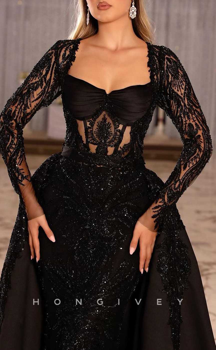 L1980 - Sexy Satin Fitted Glitter Sweetheart Lace Long Sleeves Empire Beaded With Overskirt Party Prom Evening Dress - Fashionpara