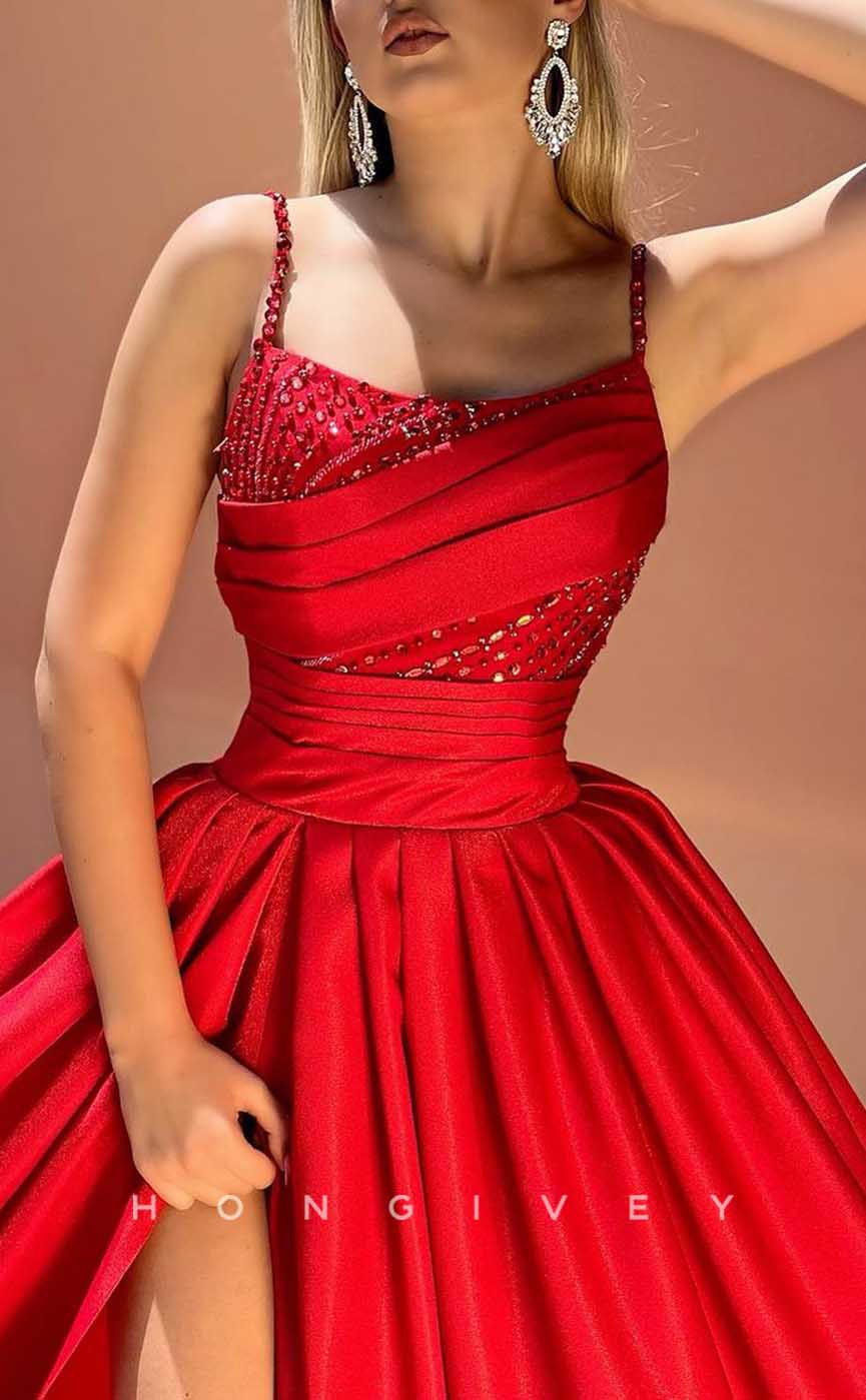 L1982 - Sexy Satin A-Line Square Spaghetti Straps Empire Beaded With Side Slit Party Prom Evening Dress - Fashionpara