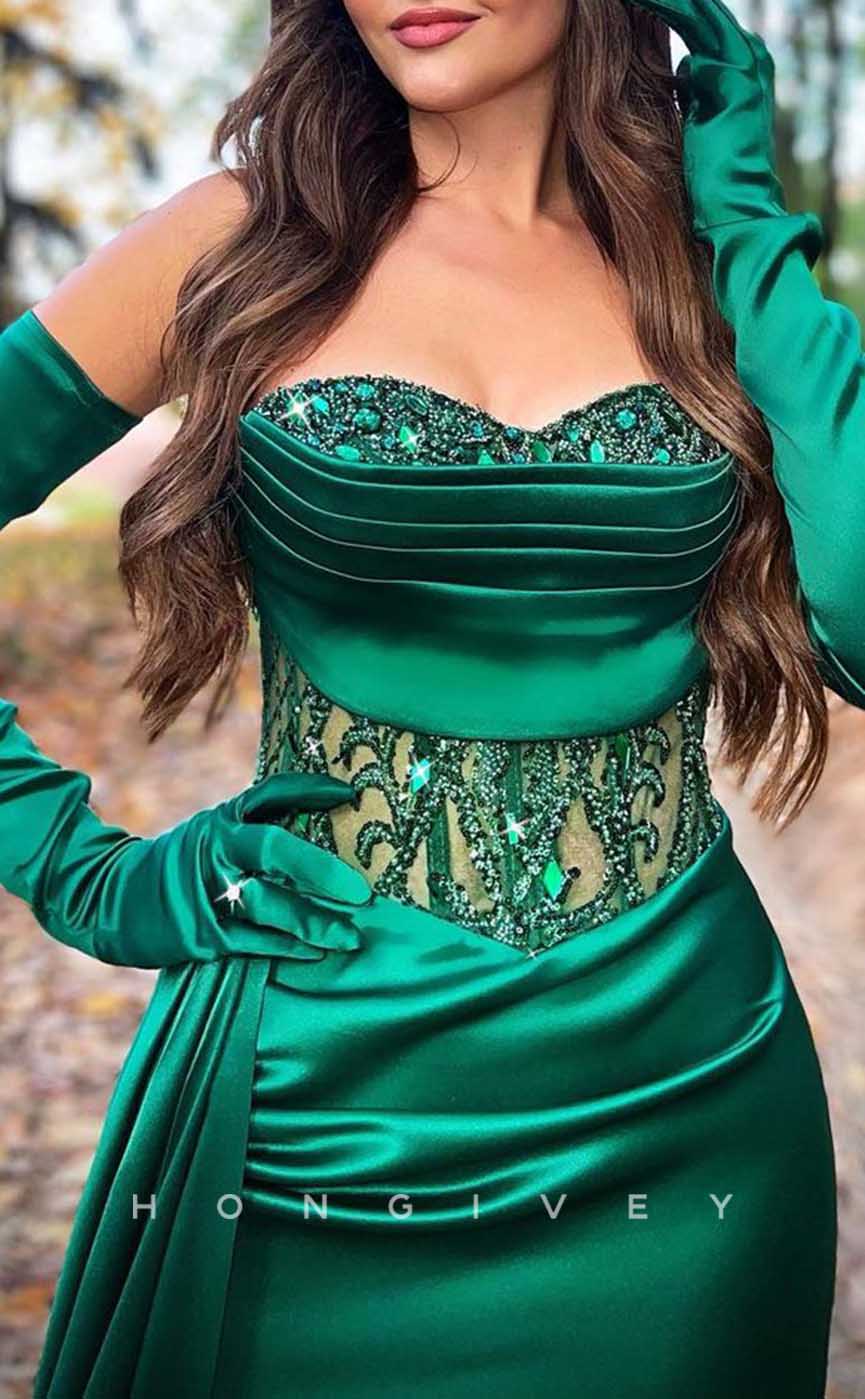 L2000 - Sexy Satin Fitted Sweetheart Strapless Illusion Empire Ruched Sequined Party Prom Evening Dress - Fashionpara