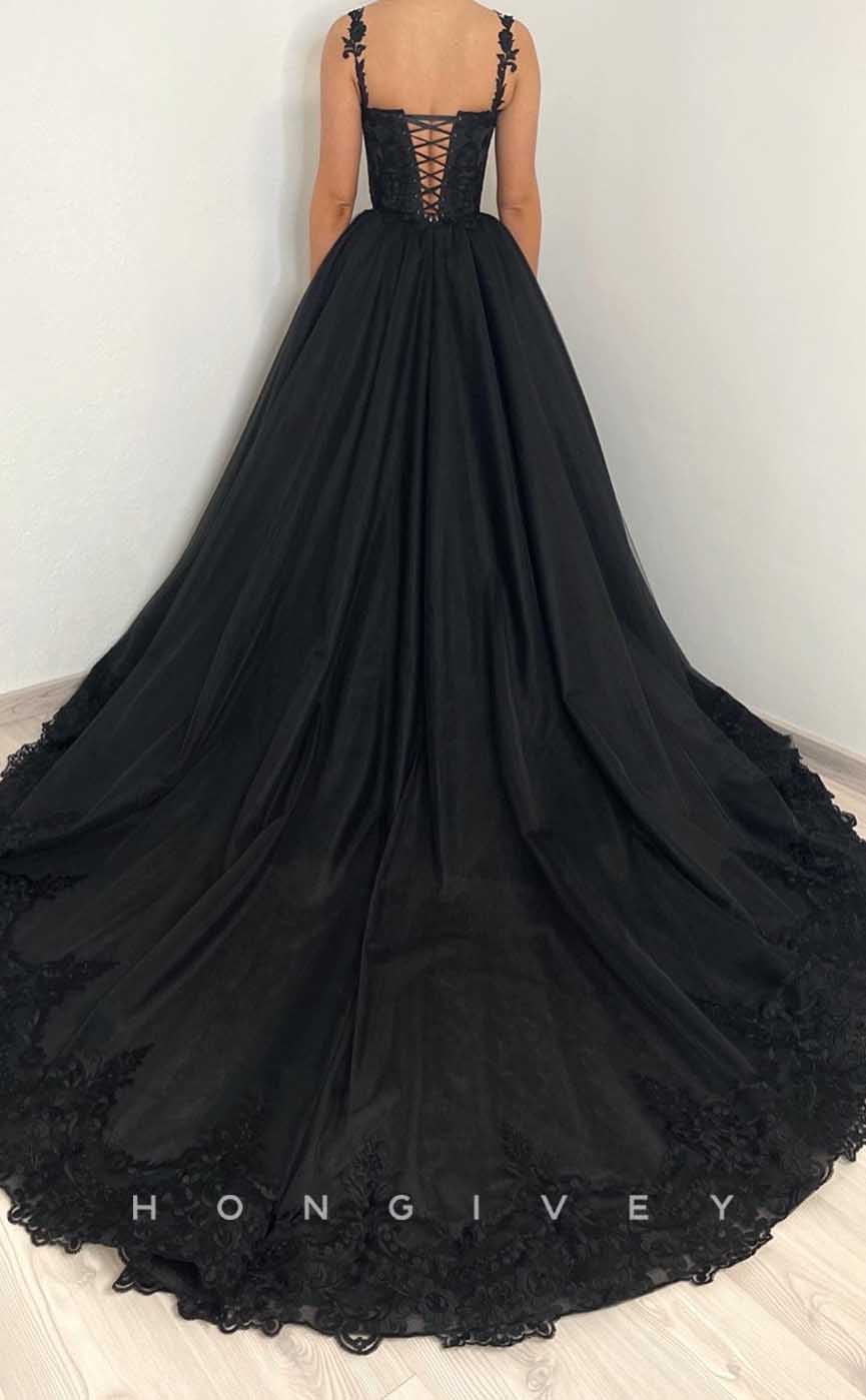 L2001 - Sexy Satin A-Line Sweetheart Straps Illusion Empire Appliques With Train Party Prom Evening Dress - Fashionpara