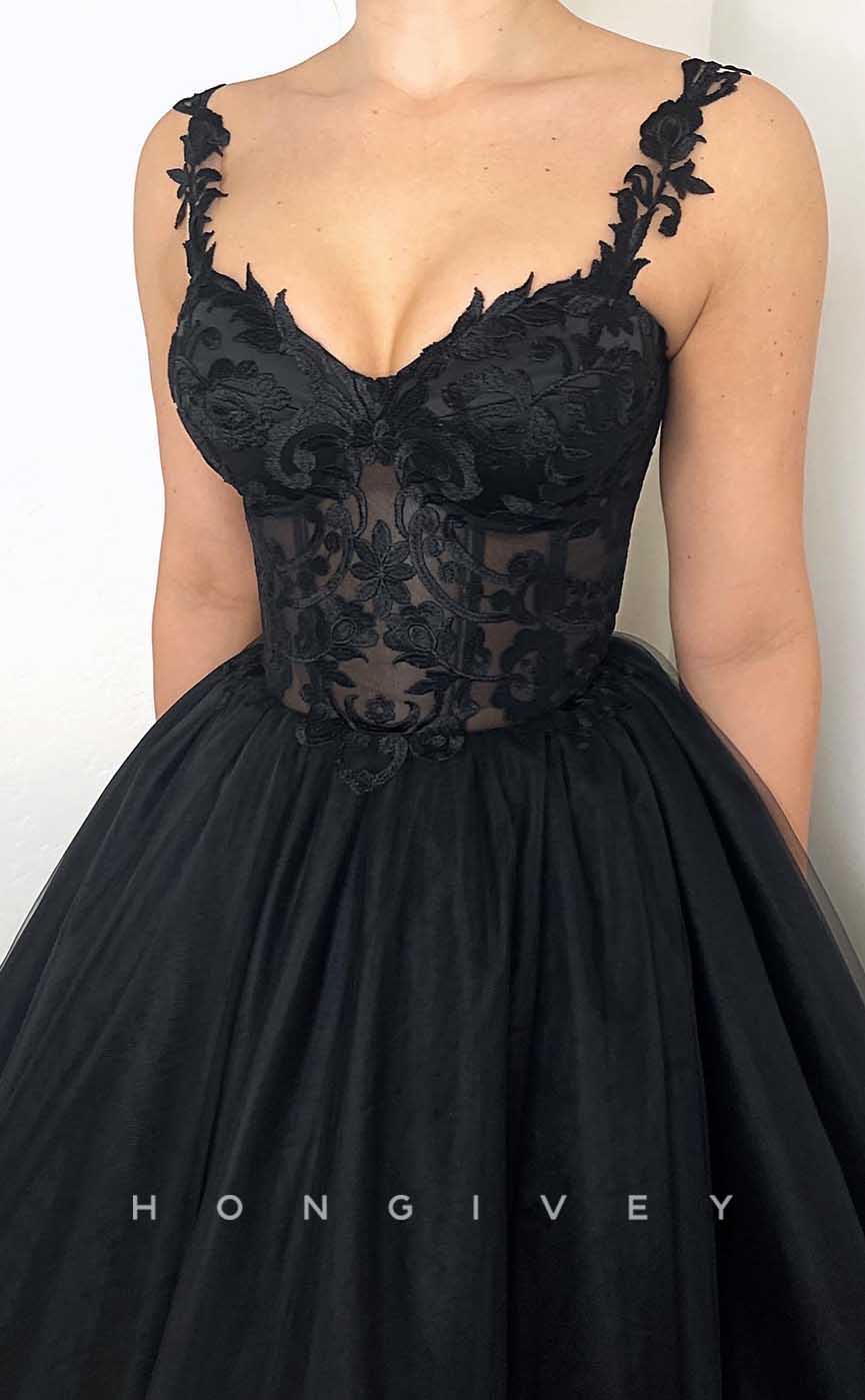 L2001 - Sexy Satin A-Line Sweetheart Straps Illusion Empire Appliques With Train Party Prom Evening Dress - Fashionpara