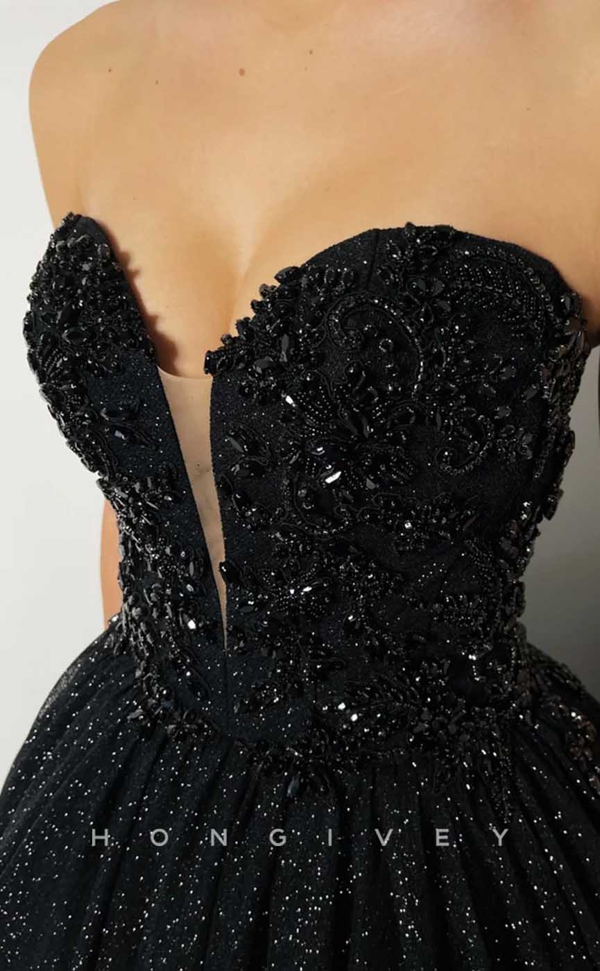 L2003 - Sexy Satin Glitter A-Line Sweetheart Strapless Empire Beaded With Train Party Prom Evening Dress - Fashionpara