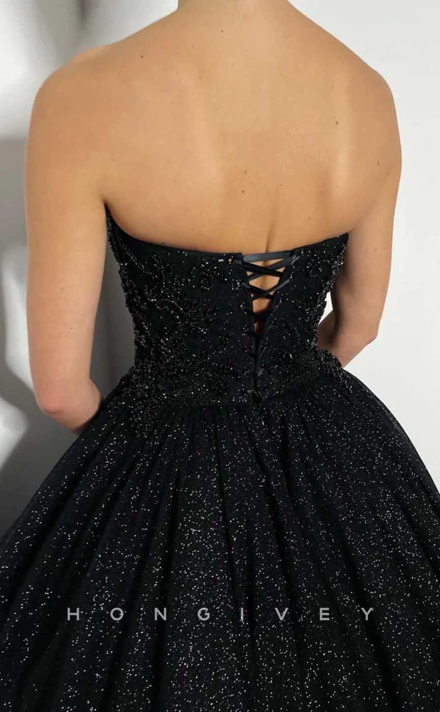 L2003 - Sexy Satin Glitter A-Line Sweetheart Strapless Empire Beaded With Train Party Prom Evening Dress - Fashionpara