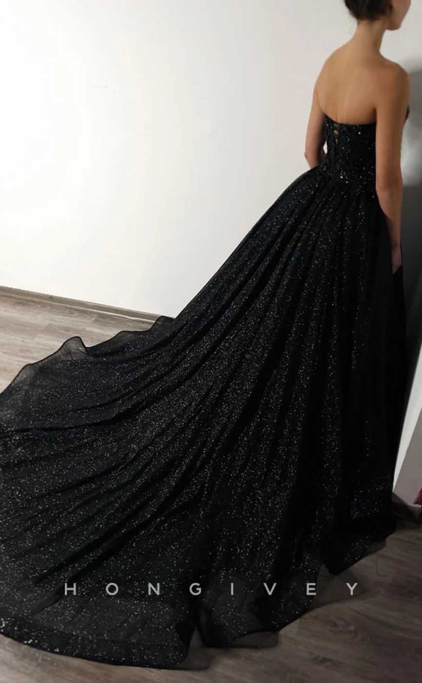 L2003 - Sexy Satin Glitter A-Line Sweetheart Strapless Empire Beaded With Train Party Prom Evening Dress - Fashionpara