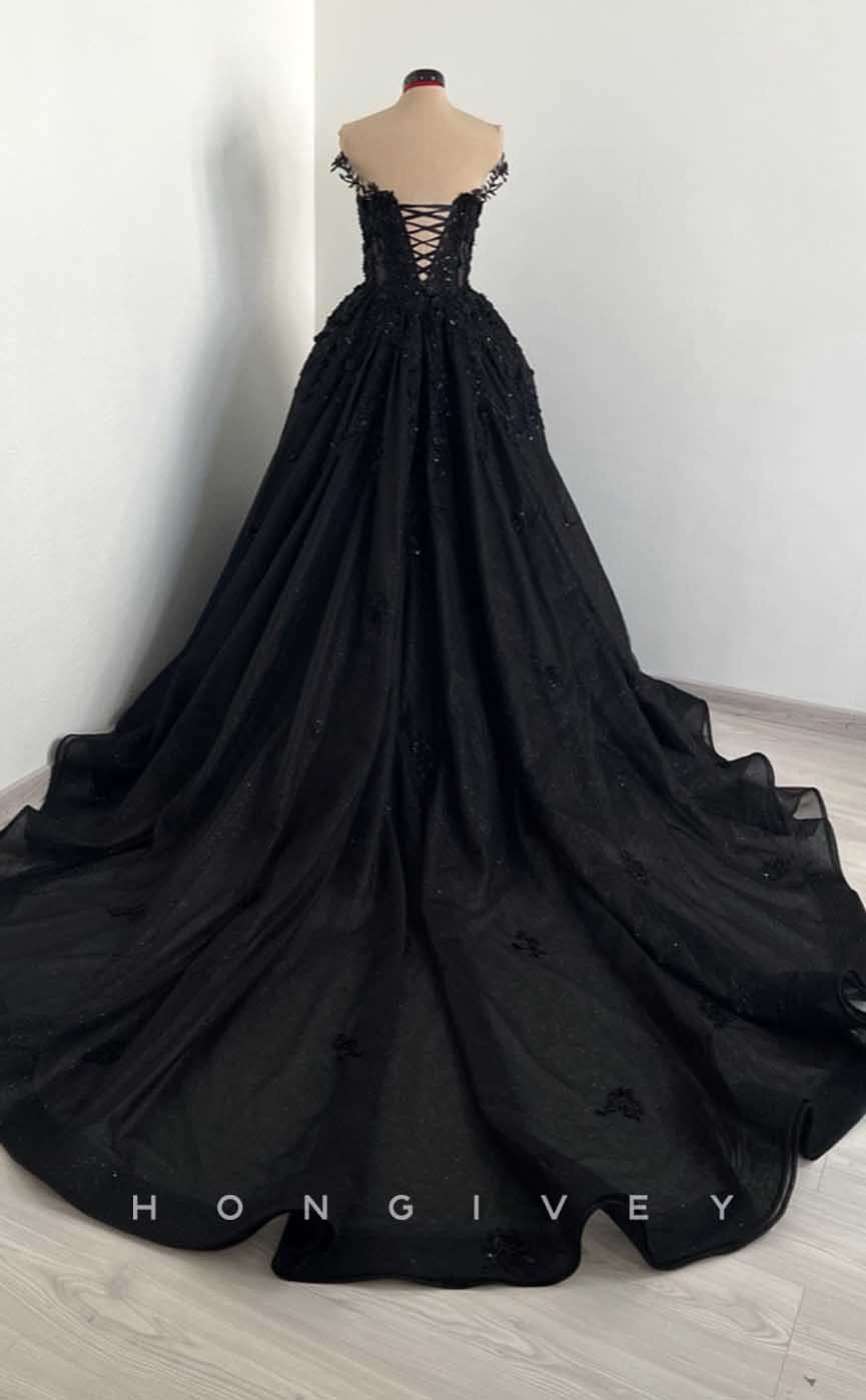 L2004 - Sexy Glitter Satin A-Line Off-Shoulder Illusion Empire Beaded Appliques Party Prom Evening Dress - Fashionpara
