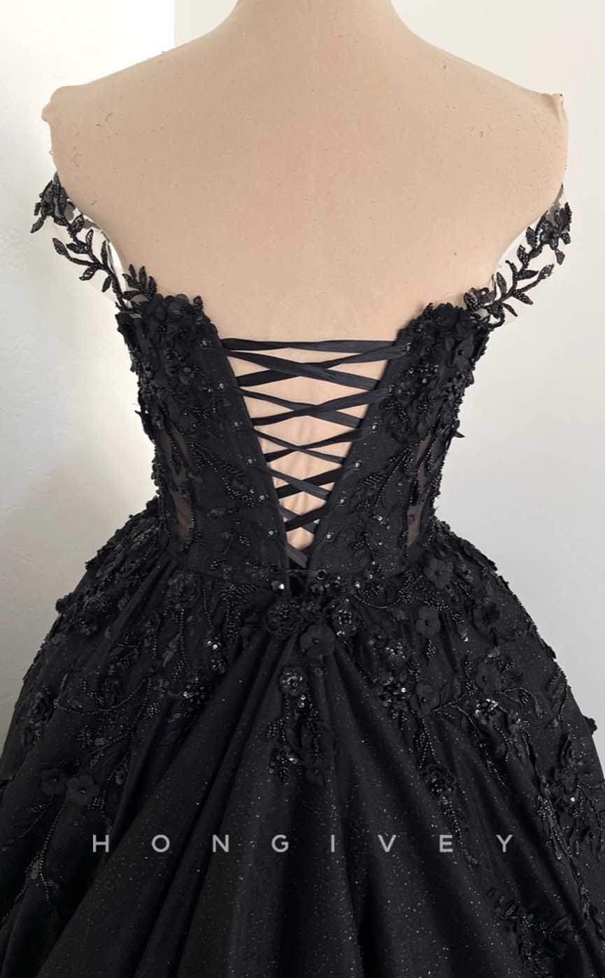 L2004 - Sexy Glitter Satin A-Line Off-Shoulder Illusion Empire Beaded Appliques Party Prom Evening Dress - Fashionpara