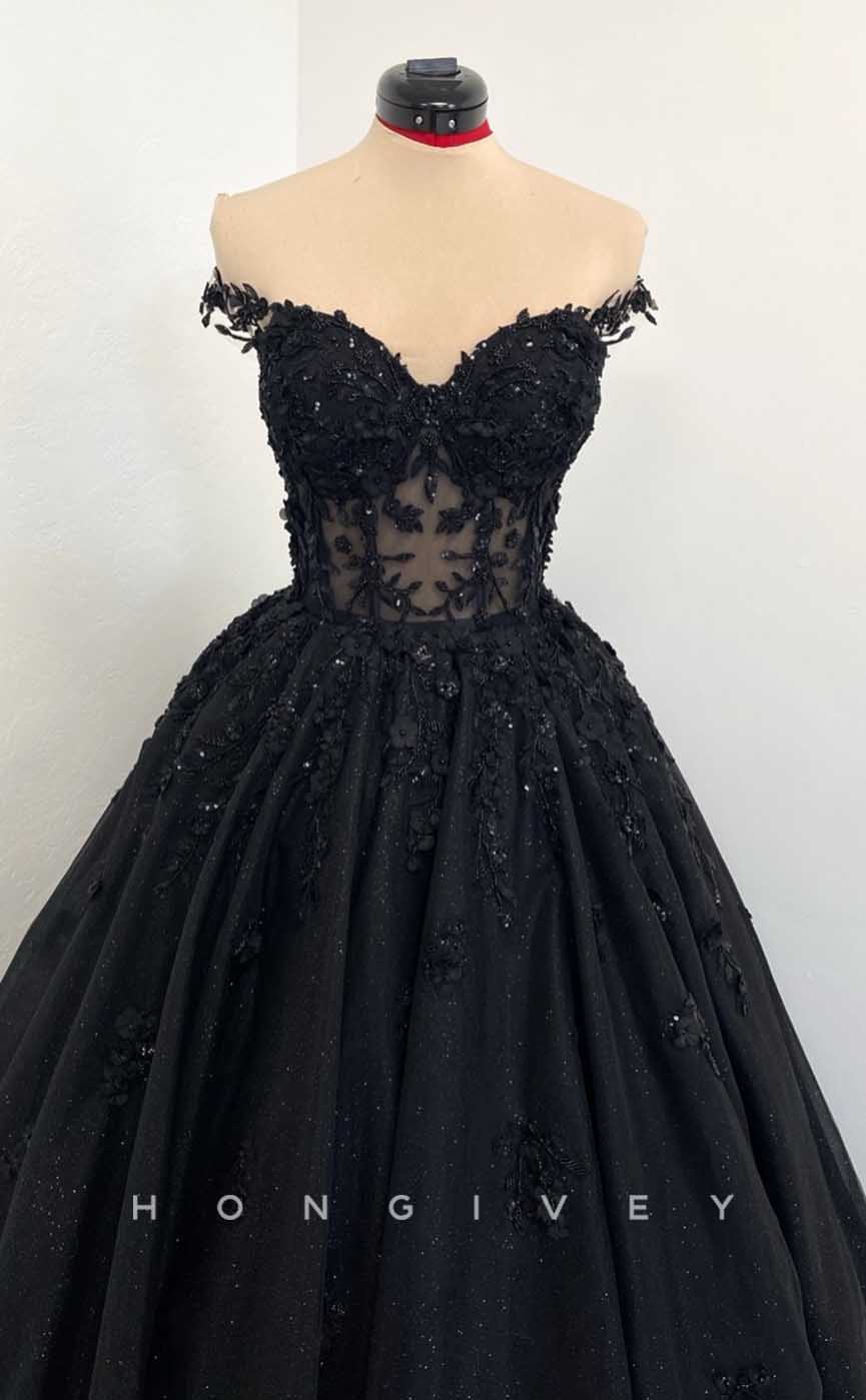 L2004 - Sexy Glitter Satin A-Line Off-Shoulder Illusion Empire Beaded Appliques Party Prom Evening Dress - Fashionpara