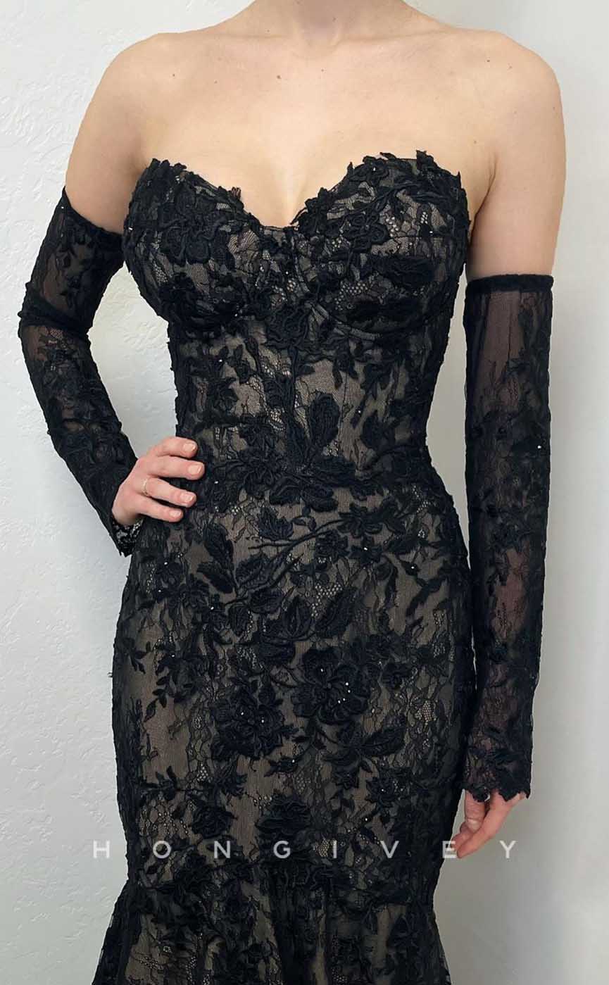 L2008 - Sexy Lace Trumpt Sweetheart Strapless Empire Appliques 3/4 Sleeves Party Prom Evening Dress - Fashionpara
