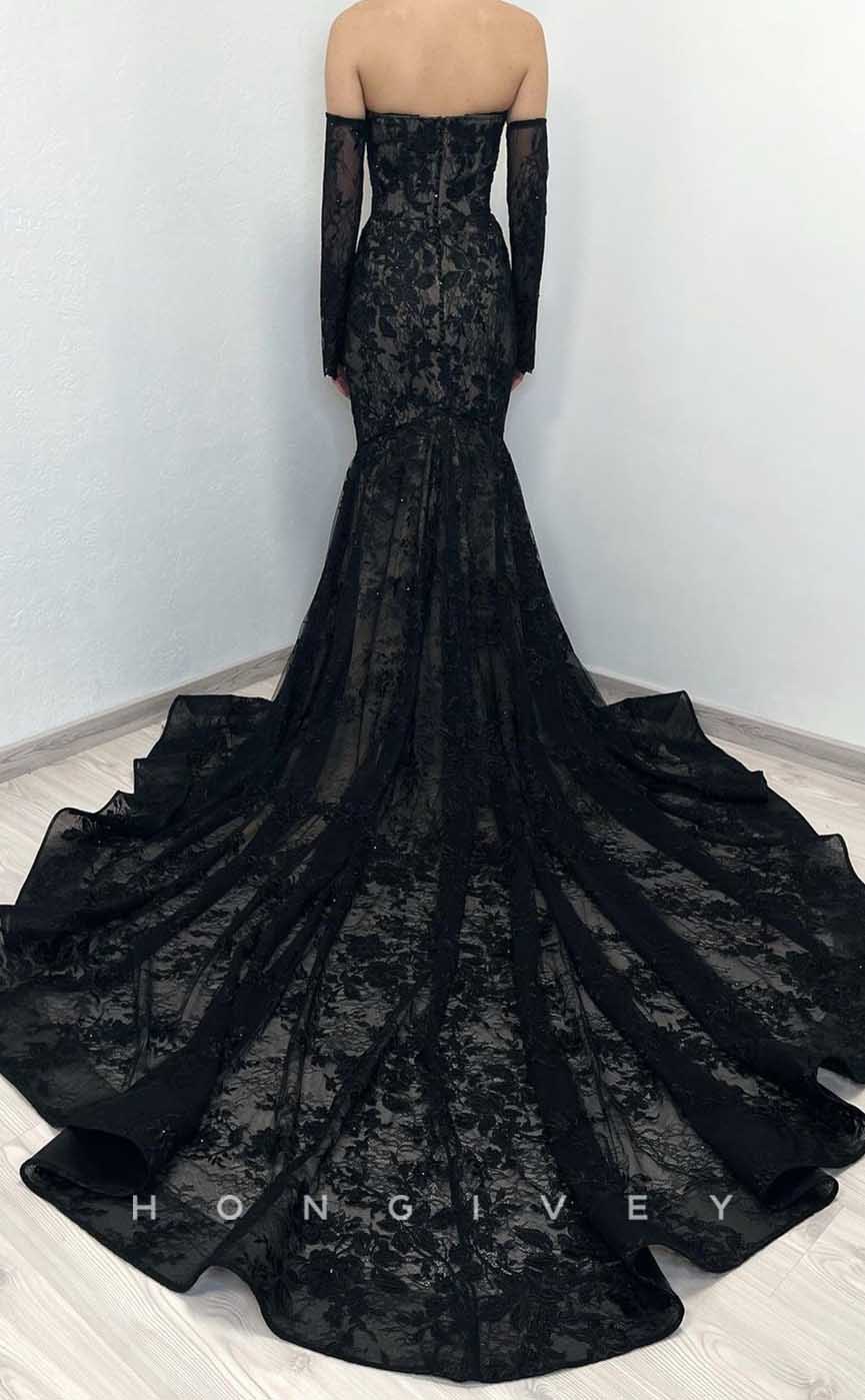 L2008 - Sexy Lace Trumpt Sweetheart Strapless Empire Appliques 3/4 Sleeves Party Prom Evening Dress - Fashionpara