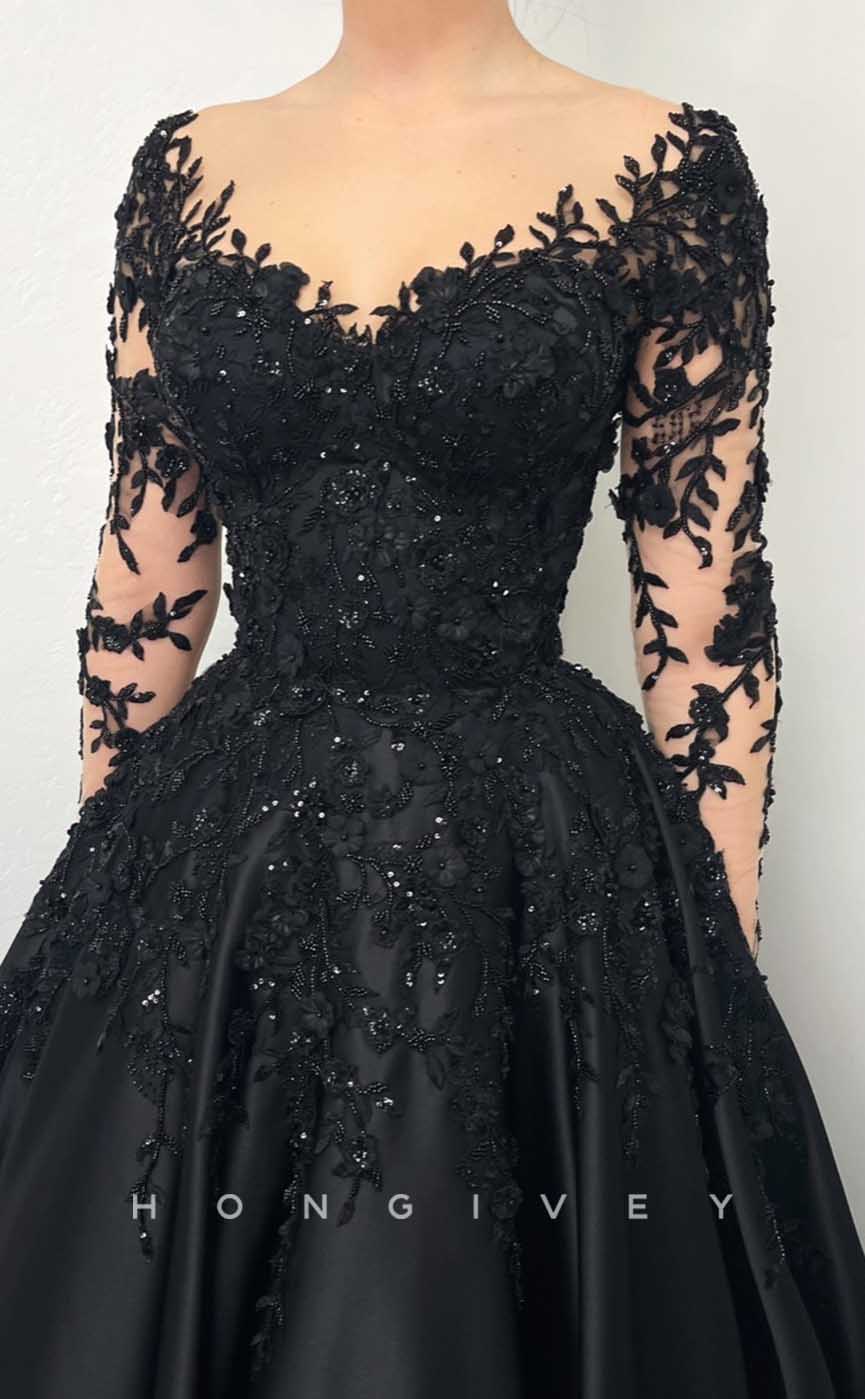 L2007 - Sexy Satin A-Line V-Neck Lace Long Sleeve Empire Beaded Appliques Party Prom Evening Dress - Fashionpara