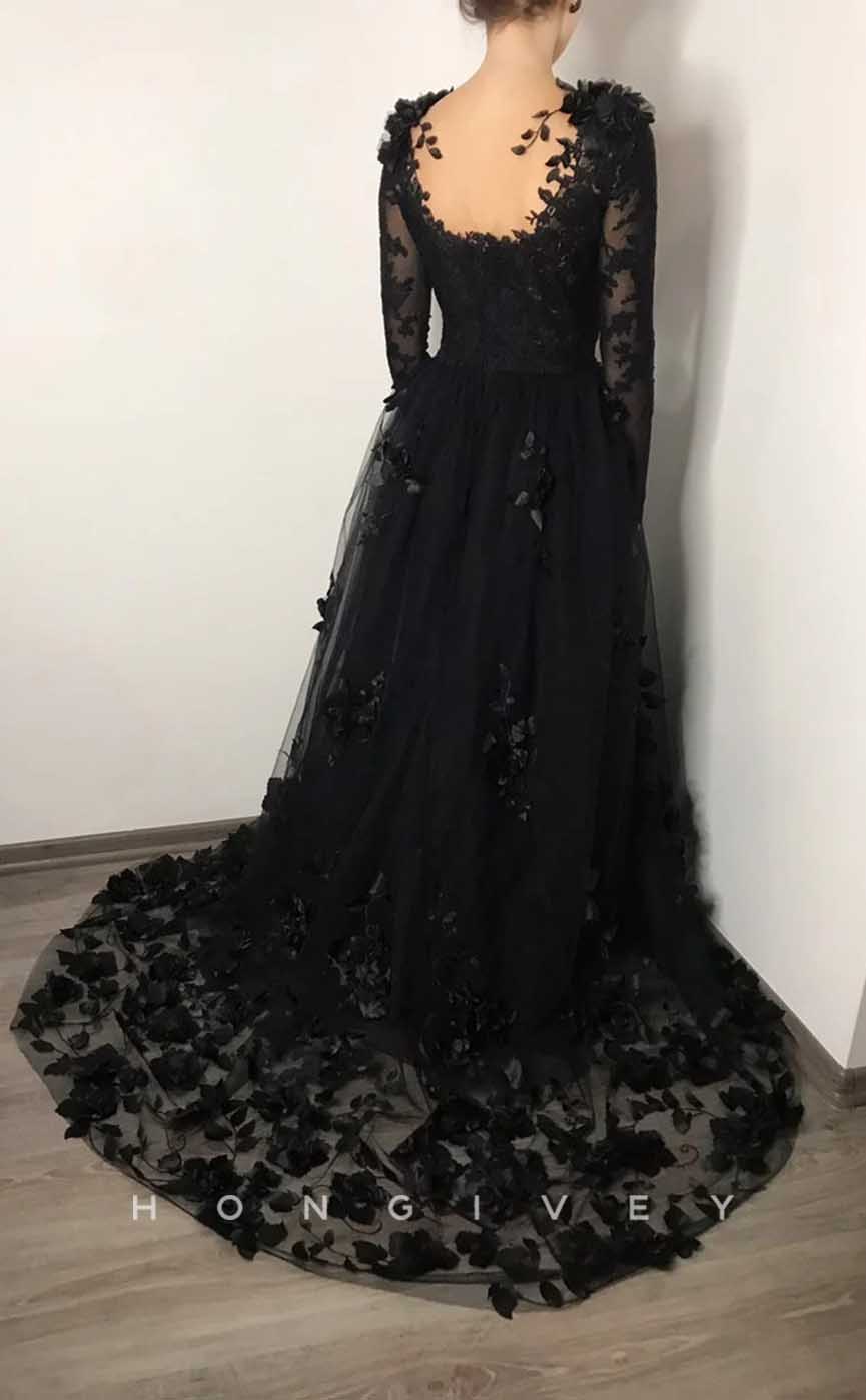 L2009 - Sexy A-Line Scoop Empire Lace Long Sleeve Beaded Floral Appliques Party Prom Evening Dress - Fashionpara