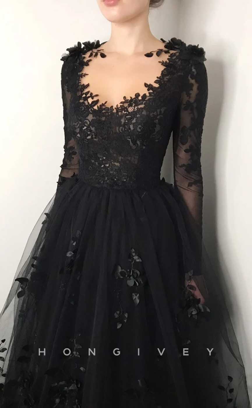 L2009 - Sexy A-Line Scoop Empire Lace Long Sleeve Beaded Floral Appliques Party Prom Evening Dress - Fashionpara