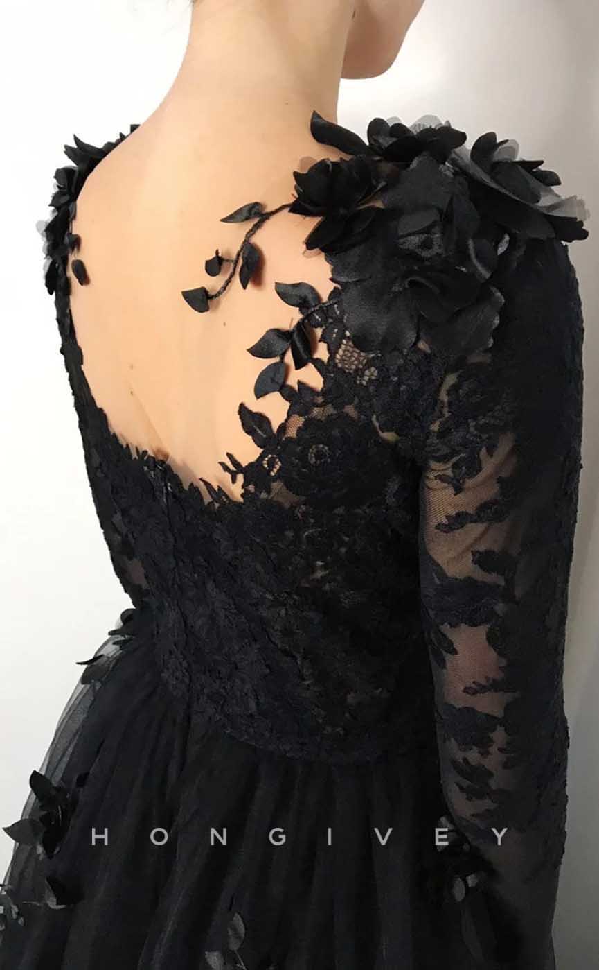 L2009 - Sexy A-Line Scoop Empire Lace Long Sleeve Beaded Floral Appliques Party Prom Evening Dress - Fashionpara