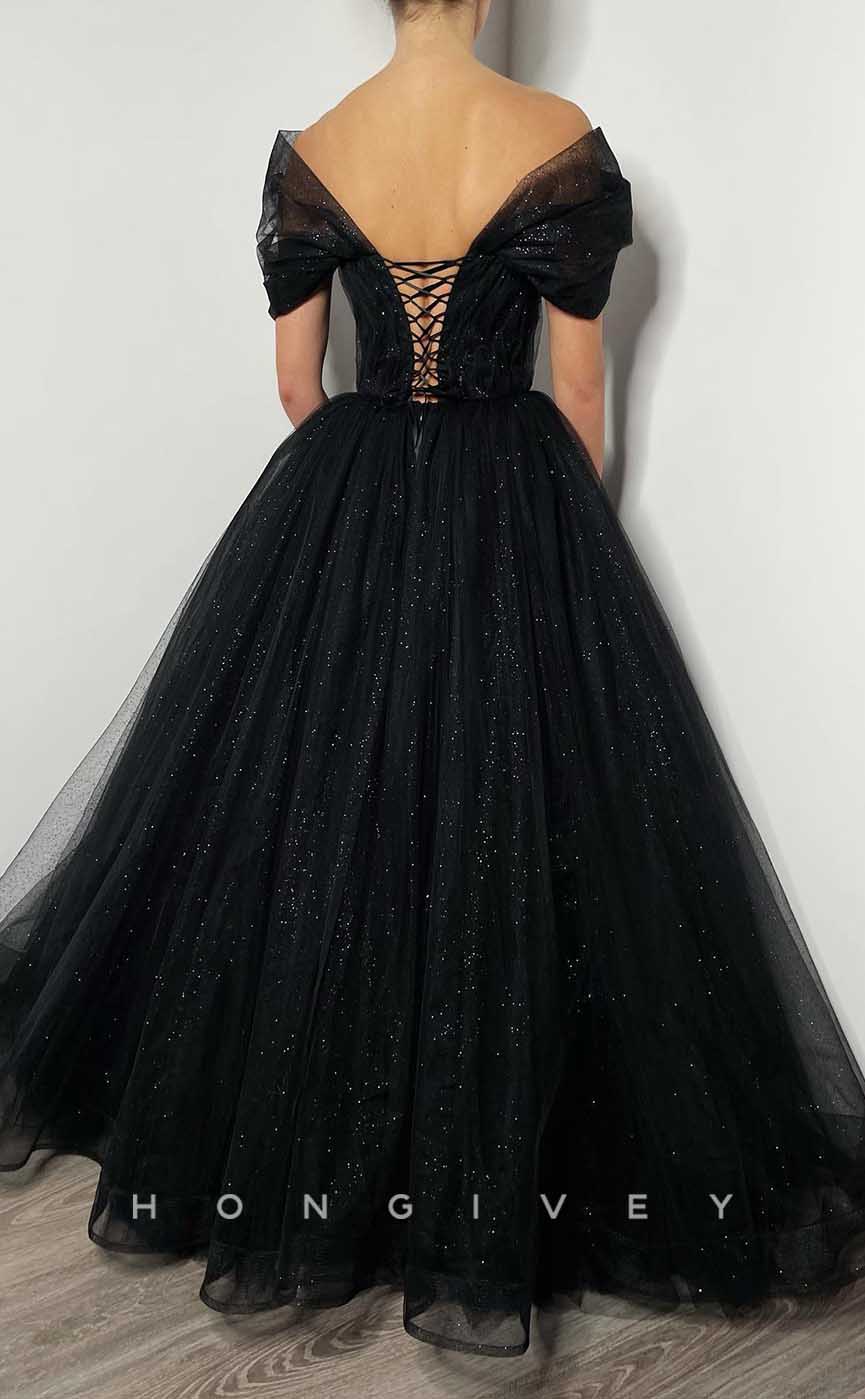L2012 - Sexy Glitter A-Line Off-Shoulder Empire Beaded Floor-Length Party Prom Evening Dress - Fashionpara