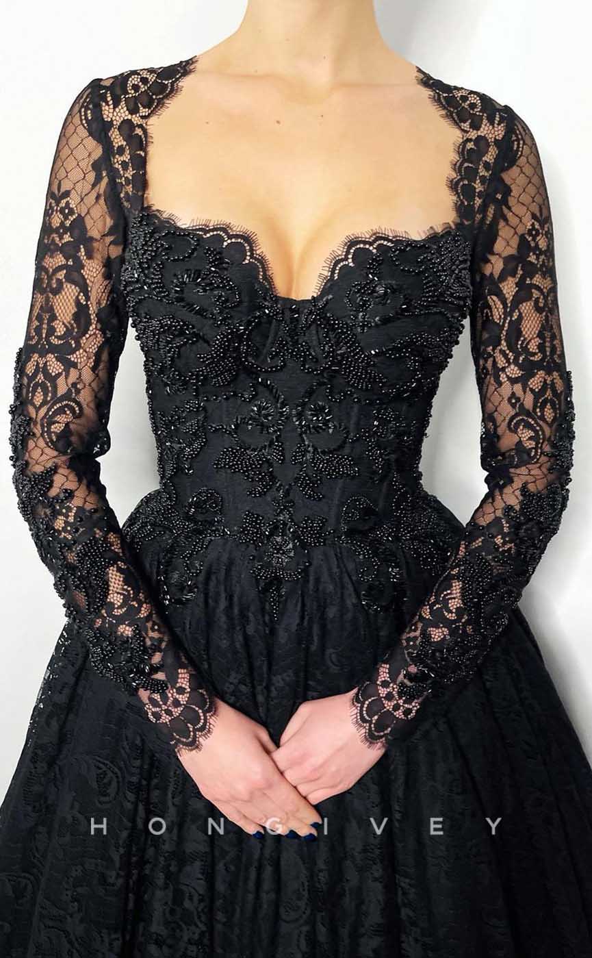L2013 - Sexy Satin A-Line Asymmetrical Lace Long Sleeve Empire Beaded Appliques Party Prom Evening Dress - Fashionpara