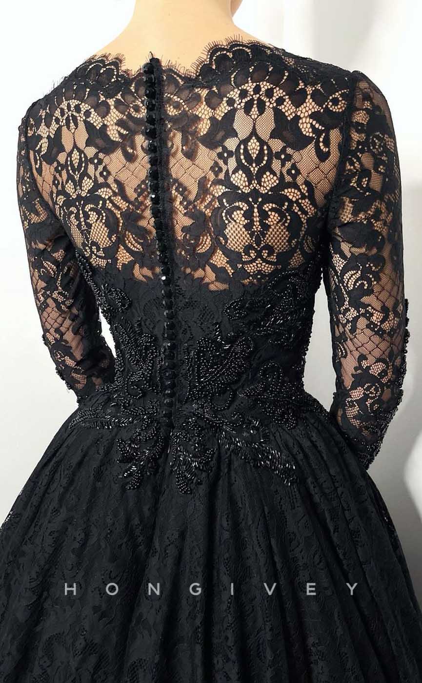 L2013 - Sexy Satin A-Line Asymmetrical Lace Long Sleeve Empire Beaded Appliques Party Prom Evening Dress - Fashionpara