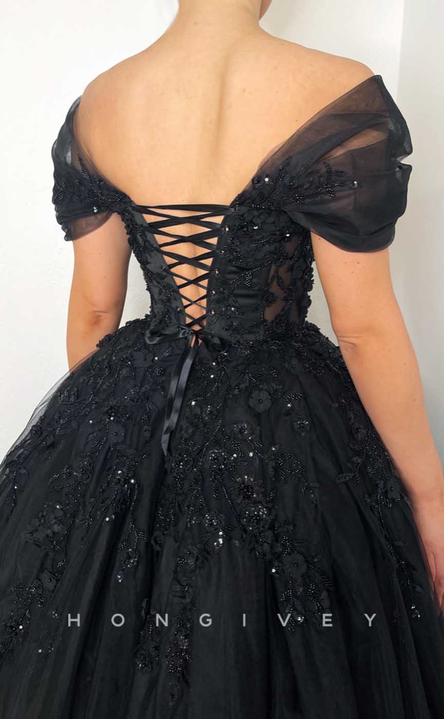 L2015 - Sexy Tulle A-Line Off-Shoulder Empire Illusion Beaded Appliques Party Prom Evening Dress - Fashionpara