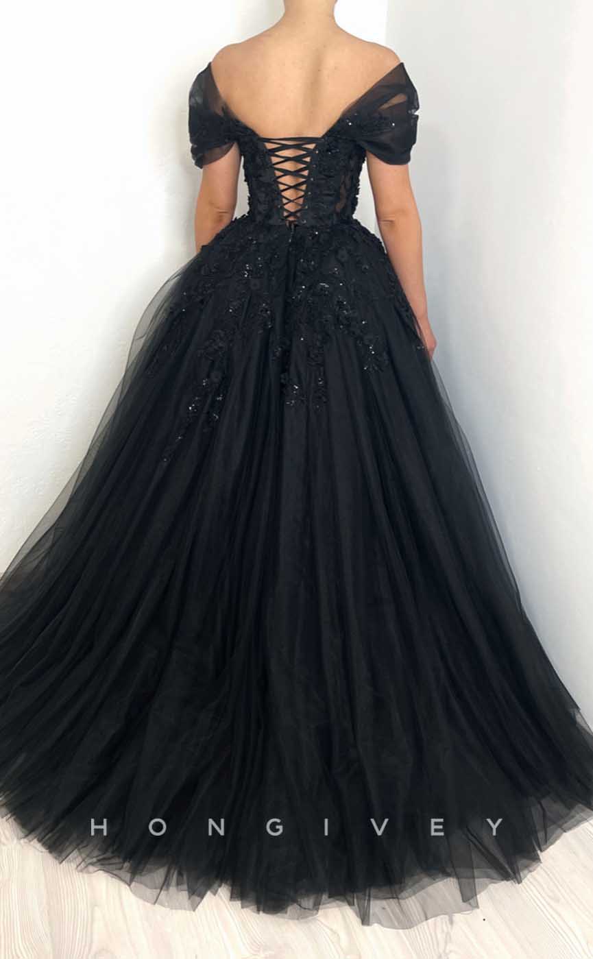 L2015 - Sexy Tulle A-Line Off-Shoulder Empire Illusion Beaded Appliques Party Prom Evening Dress - Fashionpara