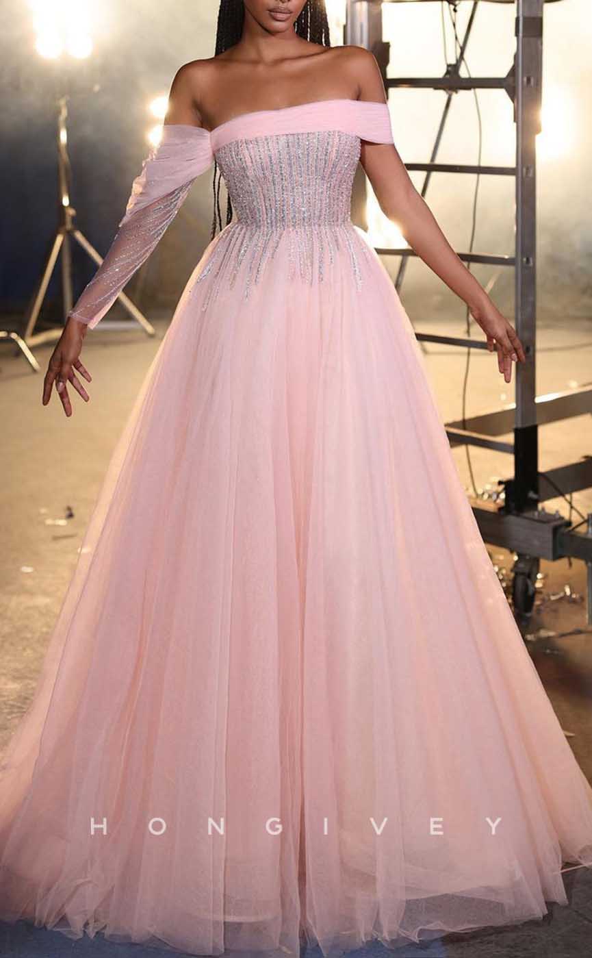 L2016 - Sexy Tulle A-Line Asymmetrical Off-Shoulder Empire Beaded Party Prom Evening Dress - Fashionpara