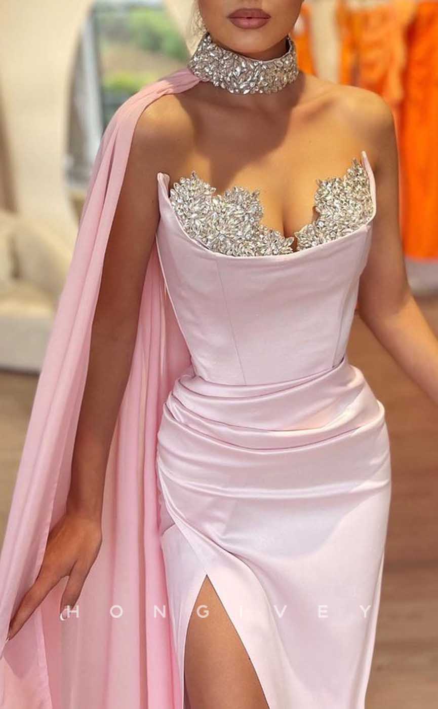 L2020 - Sexy Satin Fitted Asymmetrical Empire Ruched Beaded With Halter Bolero Party Prom Evening Dress - Fashionpara