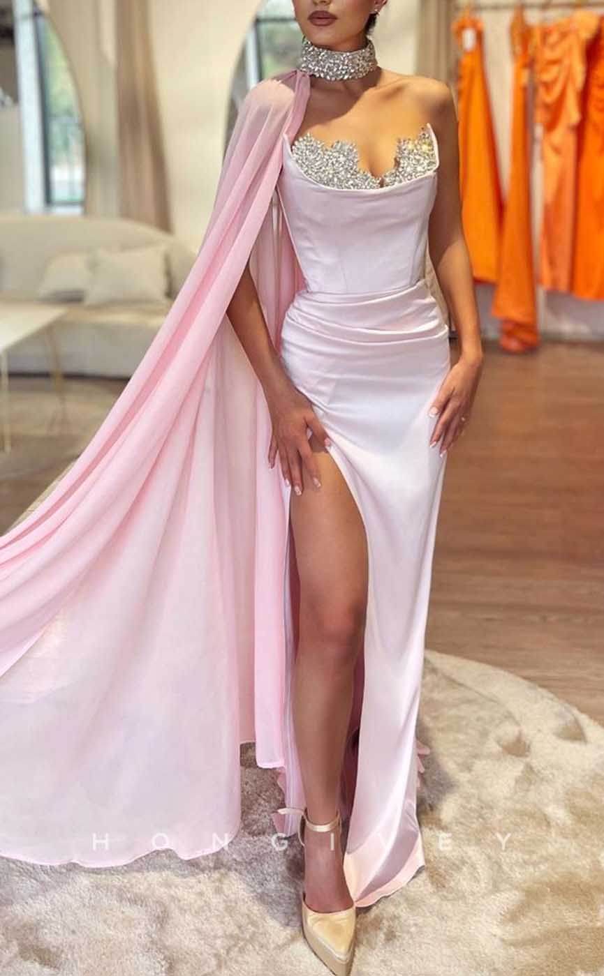 L2020 - Sexy Satin Fitted Asymmetrical Empire Ruched Beaded With Halter Bolero Party Prom Evening Dress - Fashionpara