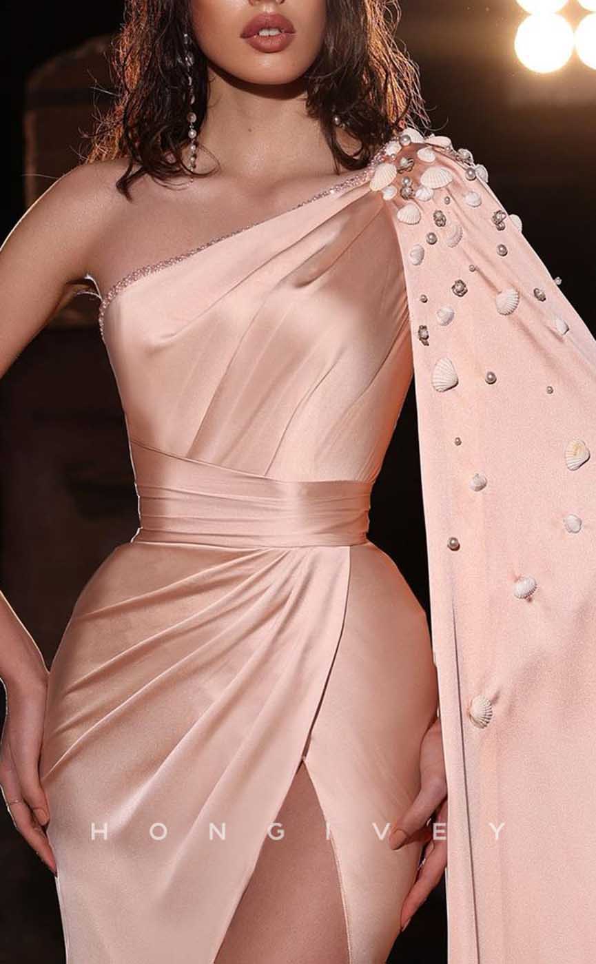 L2023 - Sexy Satin Fitted One Shoulder Empire Beaded Ruched With Side Slit Party Prom Evening Dress - Fashionpara