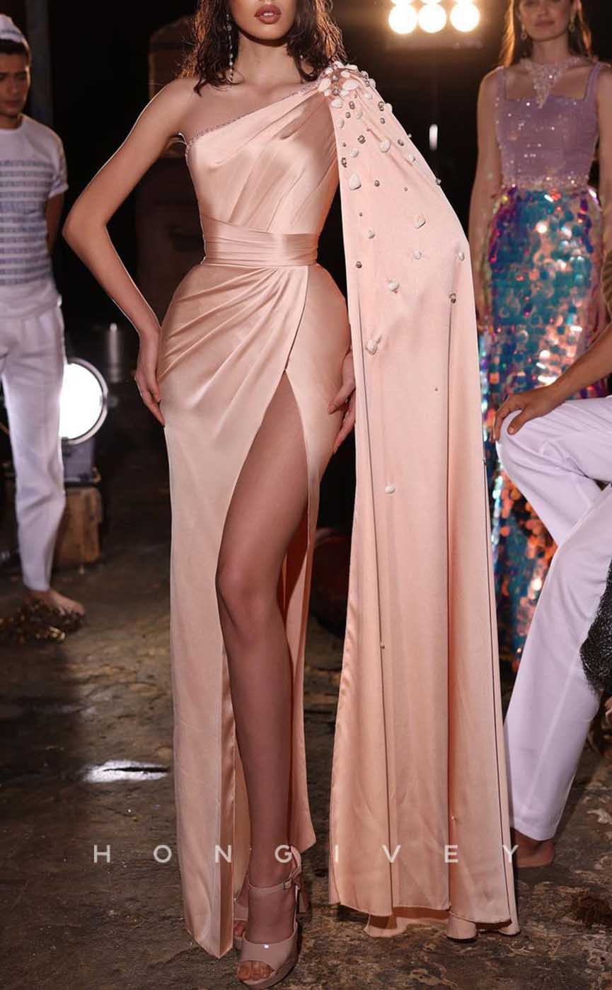 L2023 - Sexy Satin Fitted One Shoulder Empire Beaded Ruched With Side Slit Party Prom Evening Dress - Fashionpara