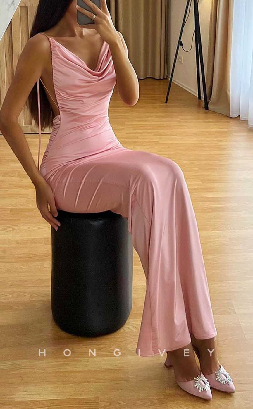 L2030 - Sexy Satin Fitted Asymmetrical Spaghetti Straps Empire Ruched Party Prom Evening Dress - Fashionpara