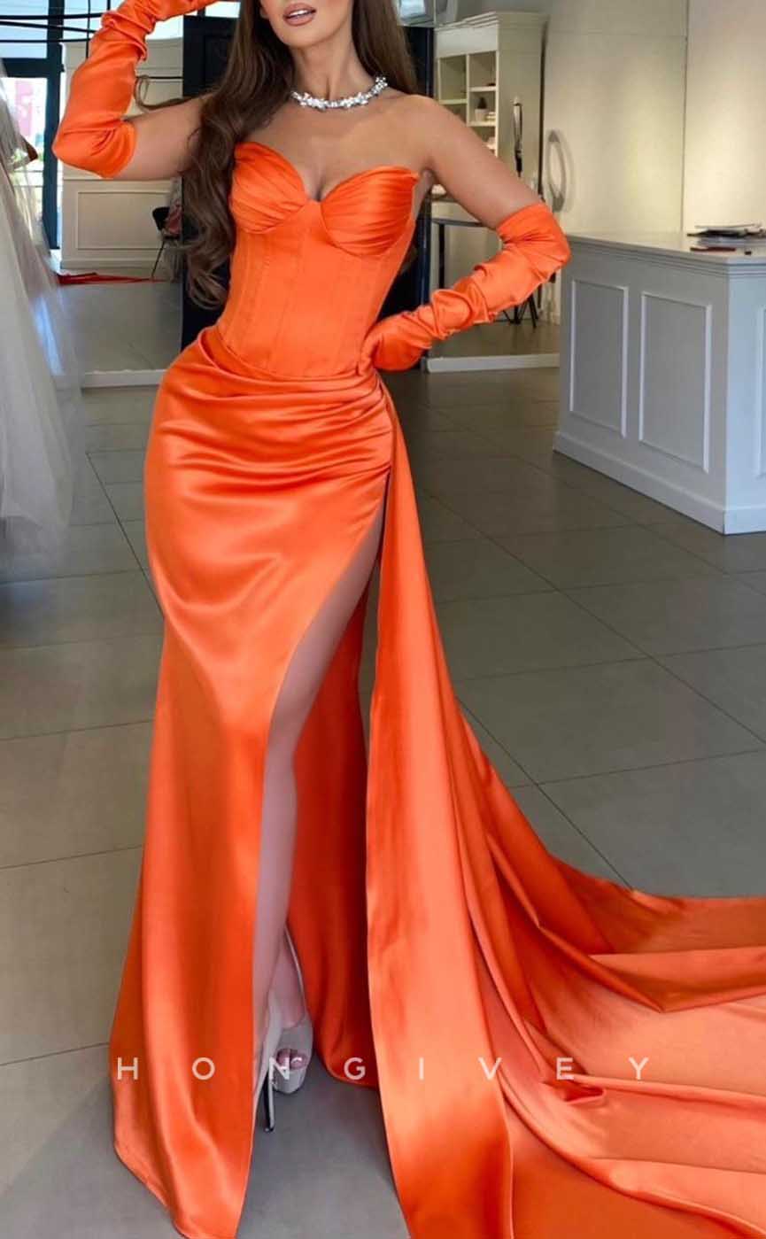 L2035 - Sexy Satin Fitted Sweetheart Strapless Empire Ruched With Side Slit Train Party Prom Evening Dress - Fashionpara