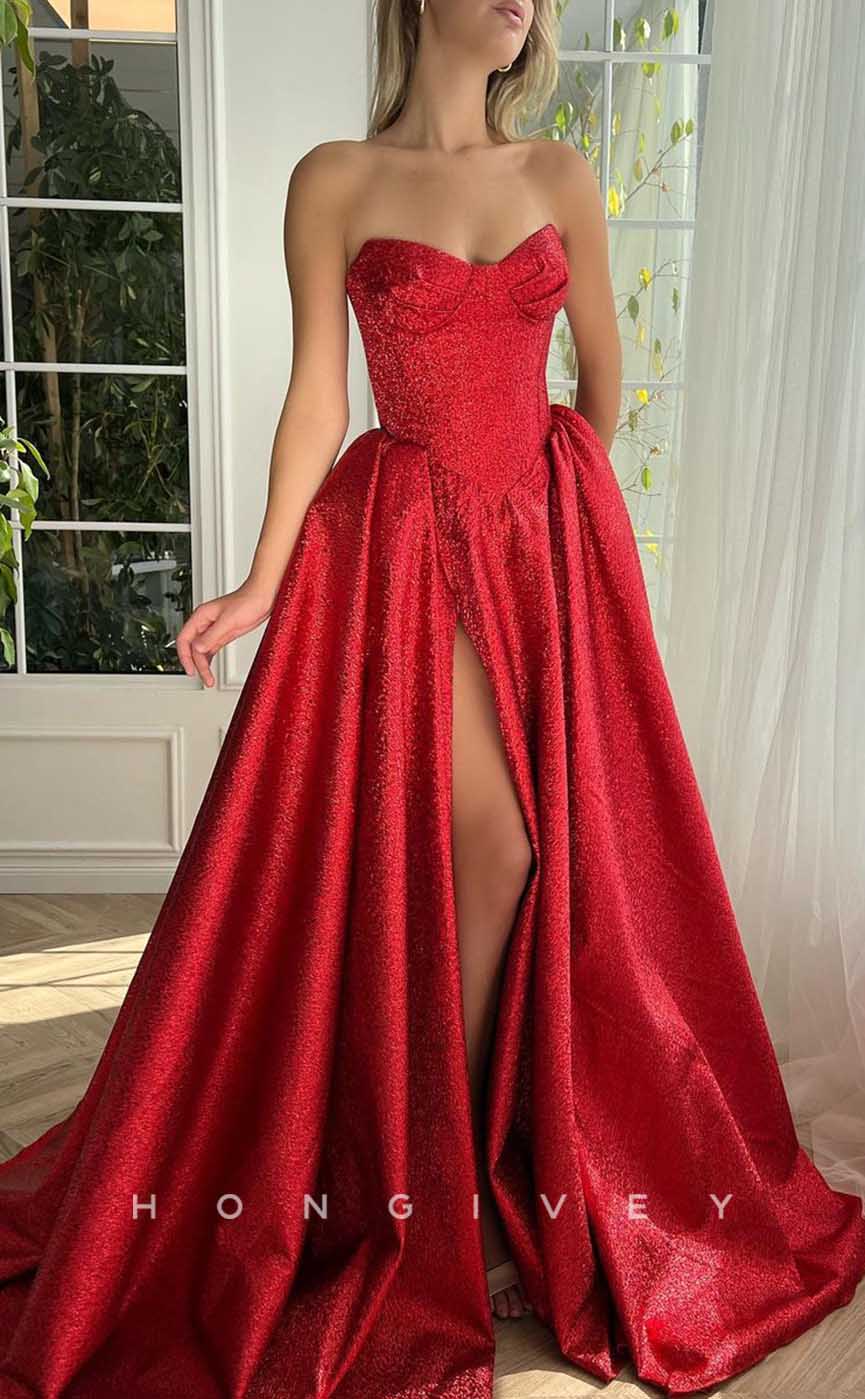L2036 - Sexy Glitter Satin A-Line Bateau Strapless Empire With Side Slit Party Prom Evening Dress - Fashionpara