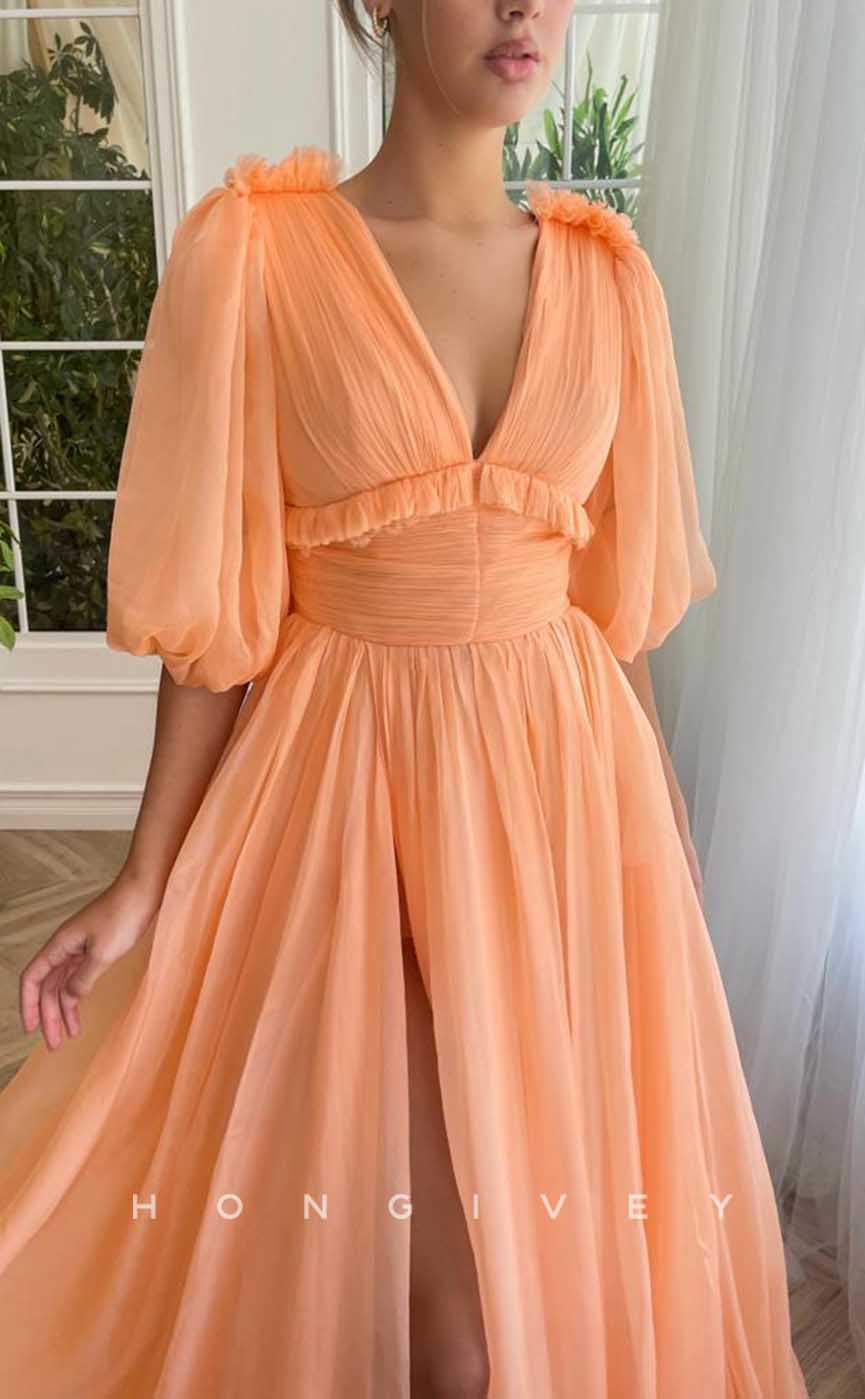 L2037 - Sexy Tulle A-Line V-Neck Puff Sleeves Floral Empire With Side Slit Party Prom Evening Dress - Fashionpara