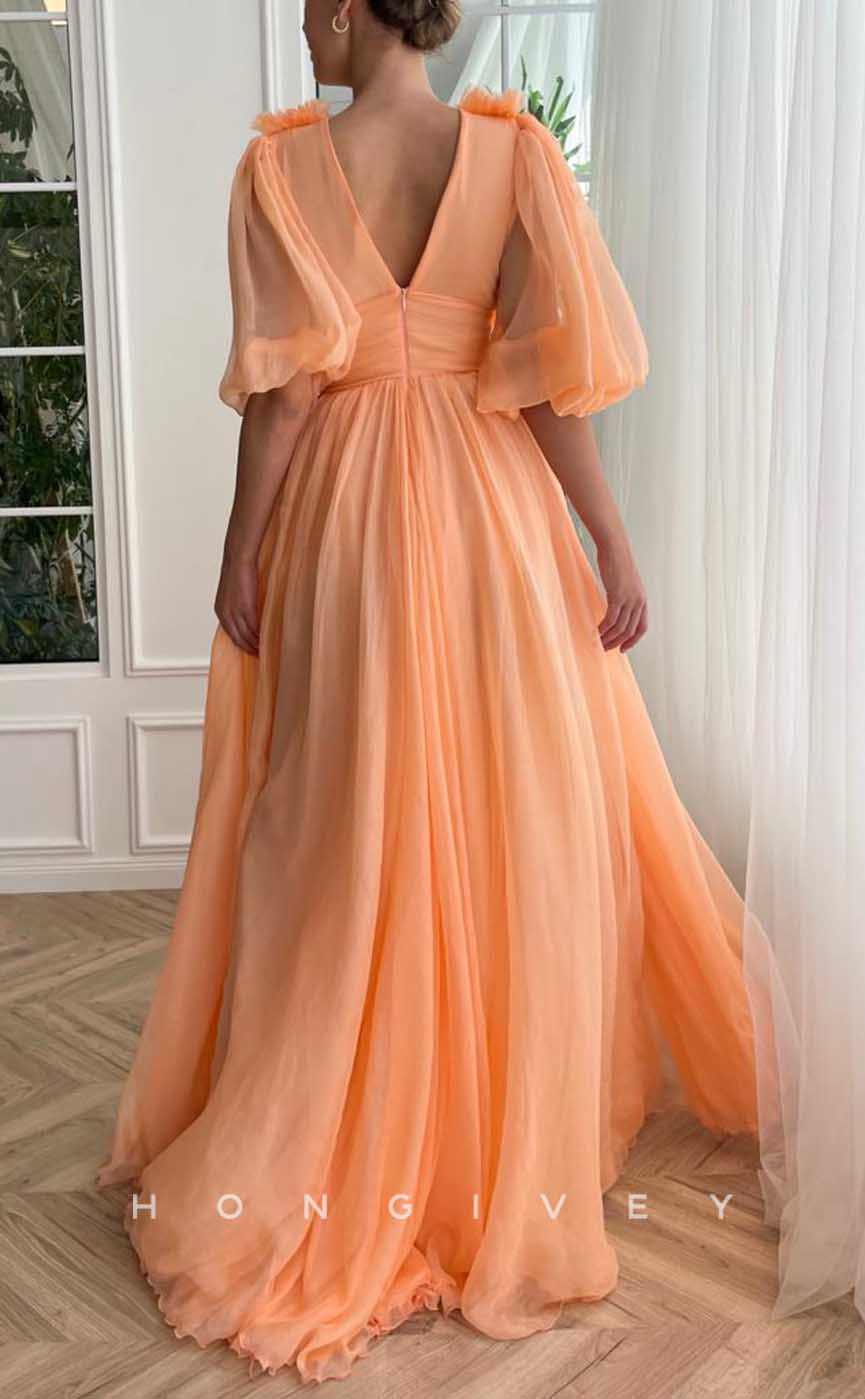 L2037 - Sexy Tulle A-Line V-Neck Puff Sleeves Floral Empire With Side Slit Party Prom Evening Dress - Fashionpara