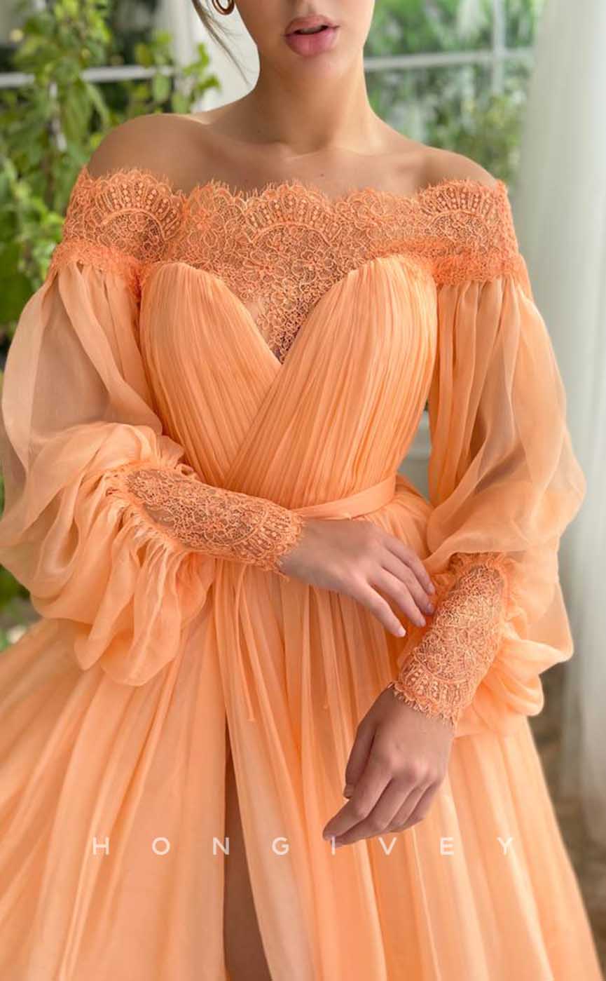 L2038 - Sexy Tulle A-Line Off-Shoulder Long Sleeve Empire Belt With Side Slit Party Prom Evening Dress - Fashionpara