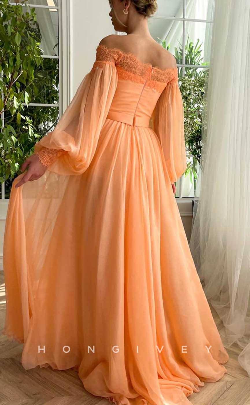 L2038 - Sexy Tulle A-Line Off-Shoulder Long Sleeve Empire Belt With Side Slit Party Prom Evening Dress - Fashionpara