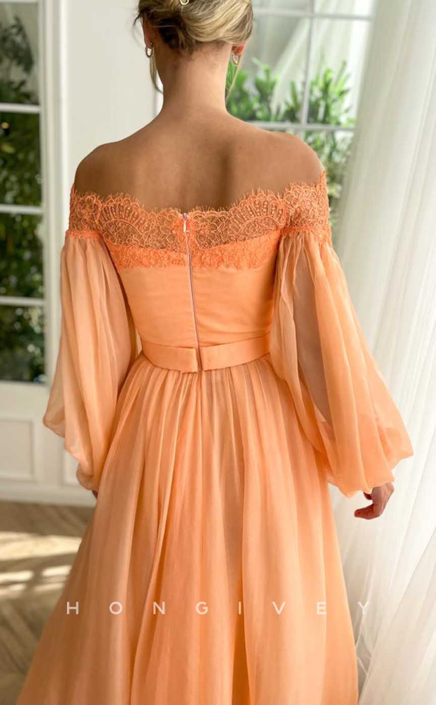 L2038 - Sexy Tulle A-Line Off-Shoulder Long Sleeve Empire Belt With Side Slit Party Prom Evening Dress - Fashionpara