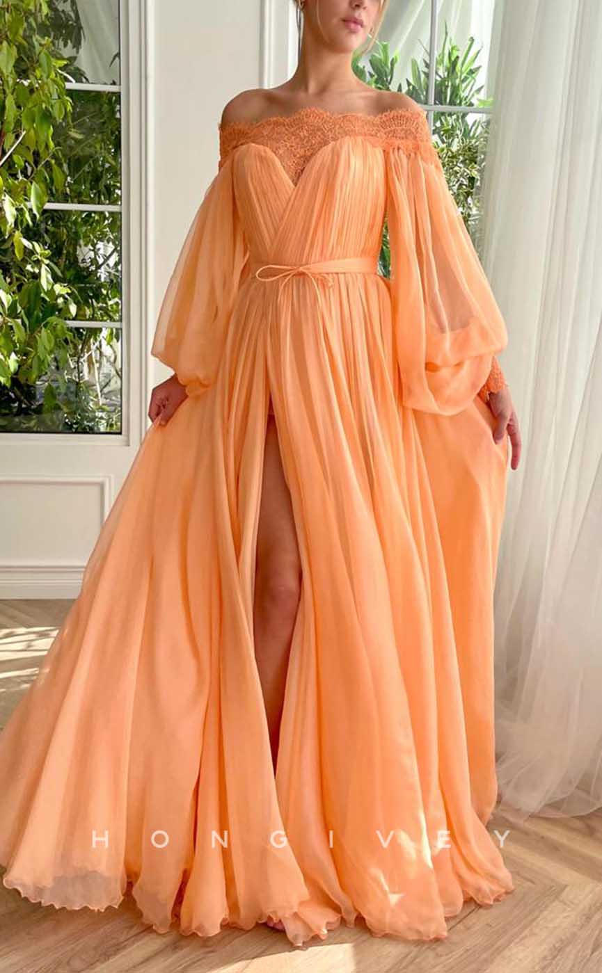 L2038 - Sexy Tulle A-Line Off-Shoulder Long Sleeve Empire Belt With Side Slit Party Prom Evening Dress - Fashionpara