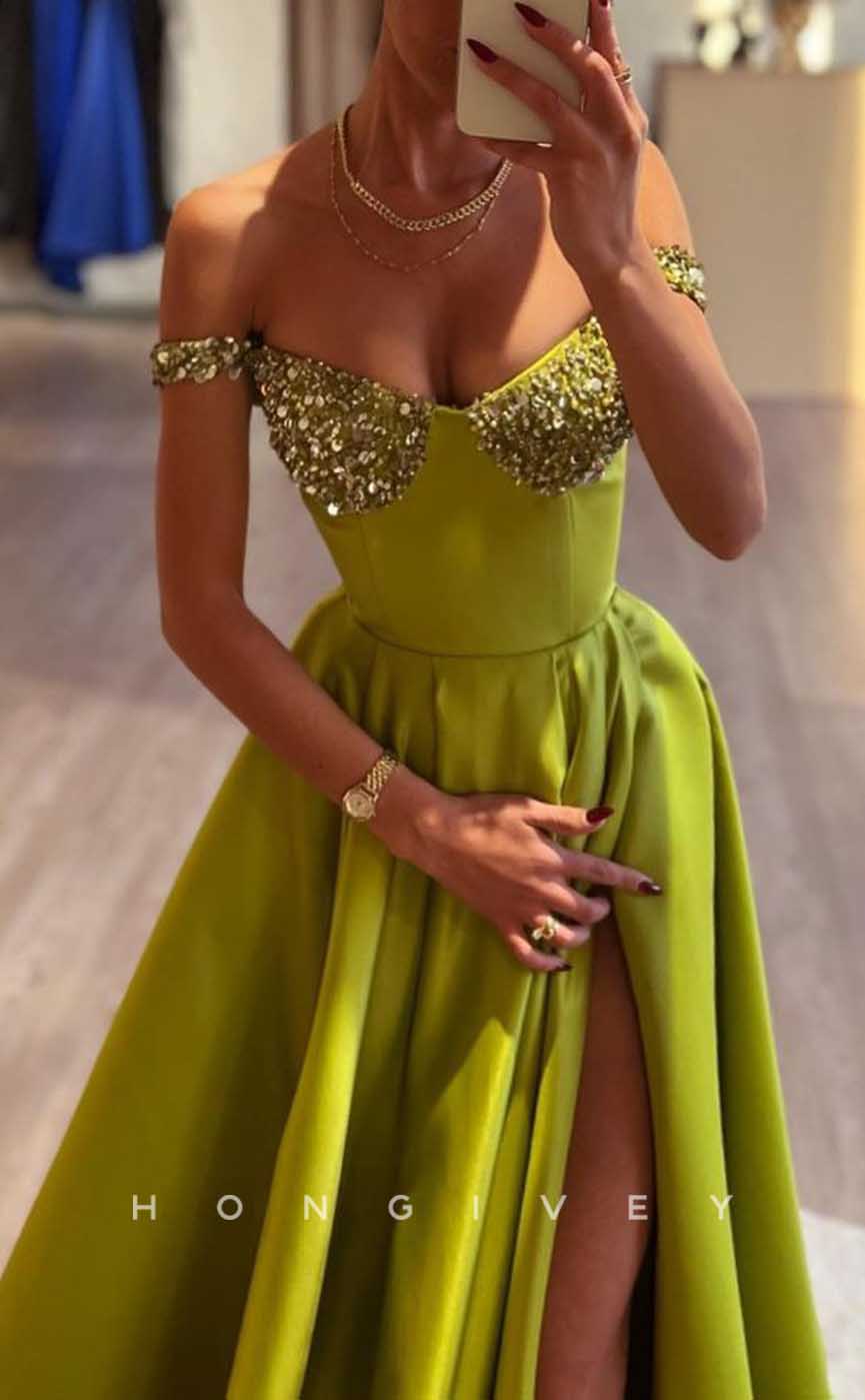 L2041 - Sexy Satin A-Line Off-Shoulder Empire Beaded With Side Slit Party Prom Evening Dress - Fashionpara