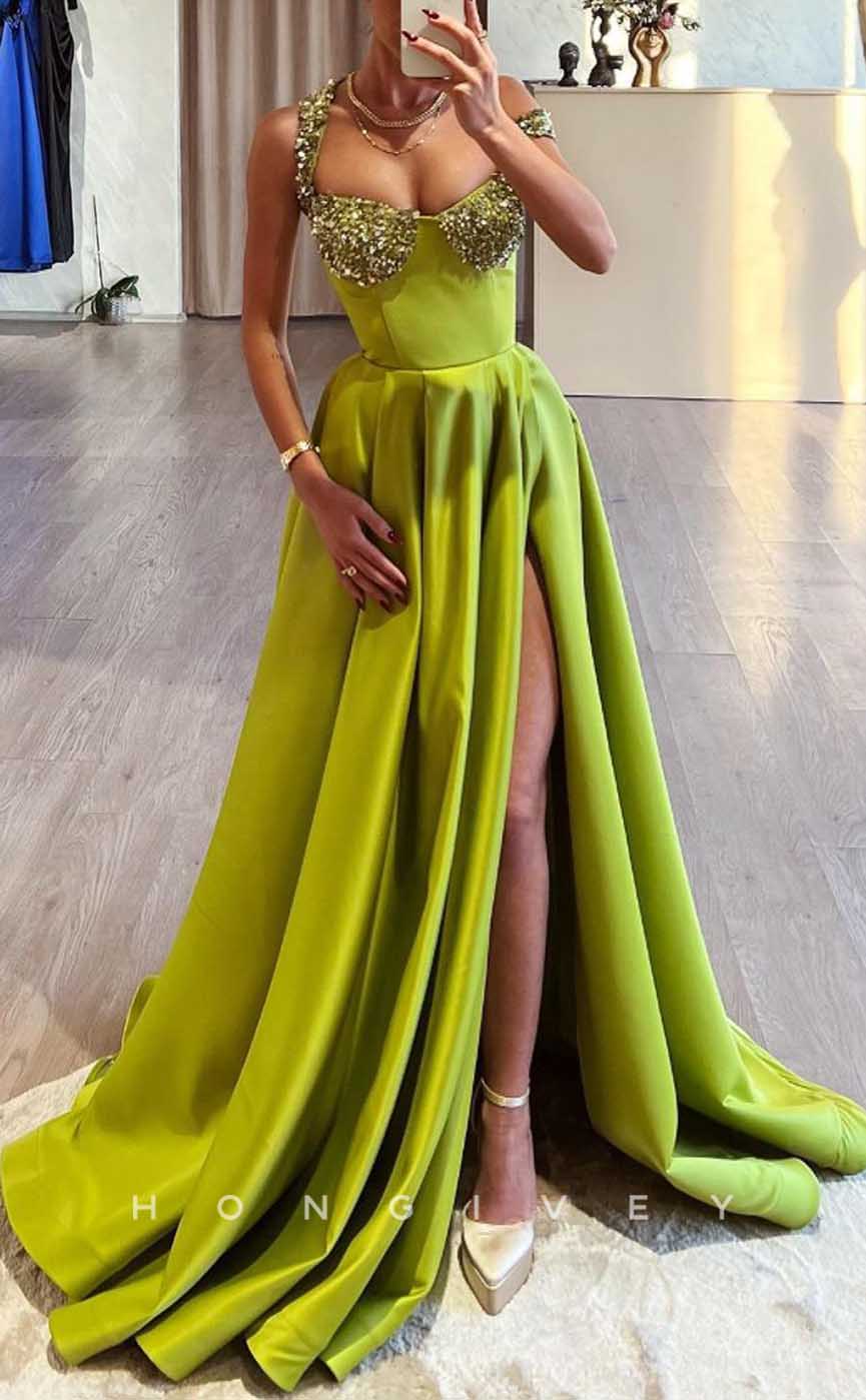 L2041 - Sexy Satin A-Line Off-Shoulder Empire Beaded With Side Slit Party Prom Evening Dress - Fashionpara