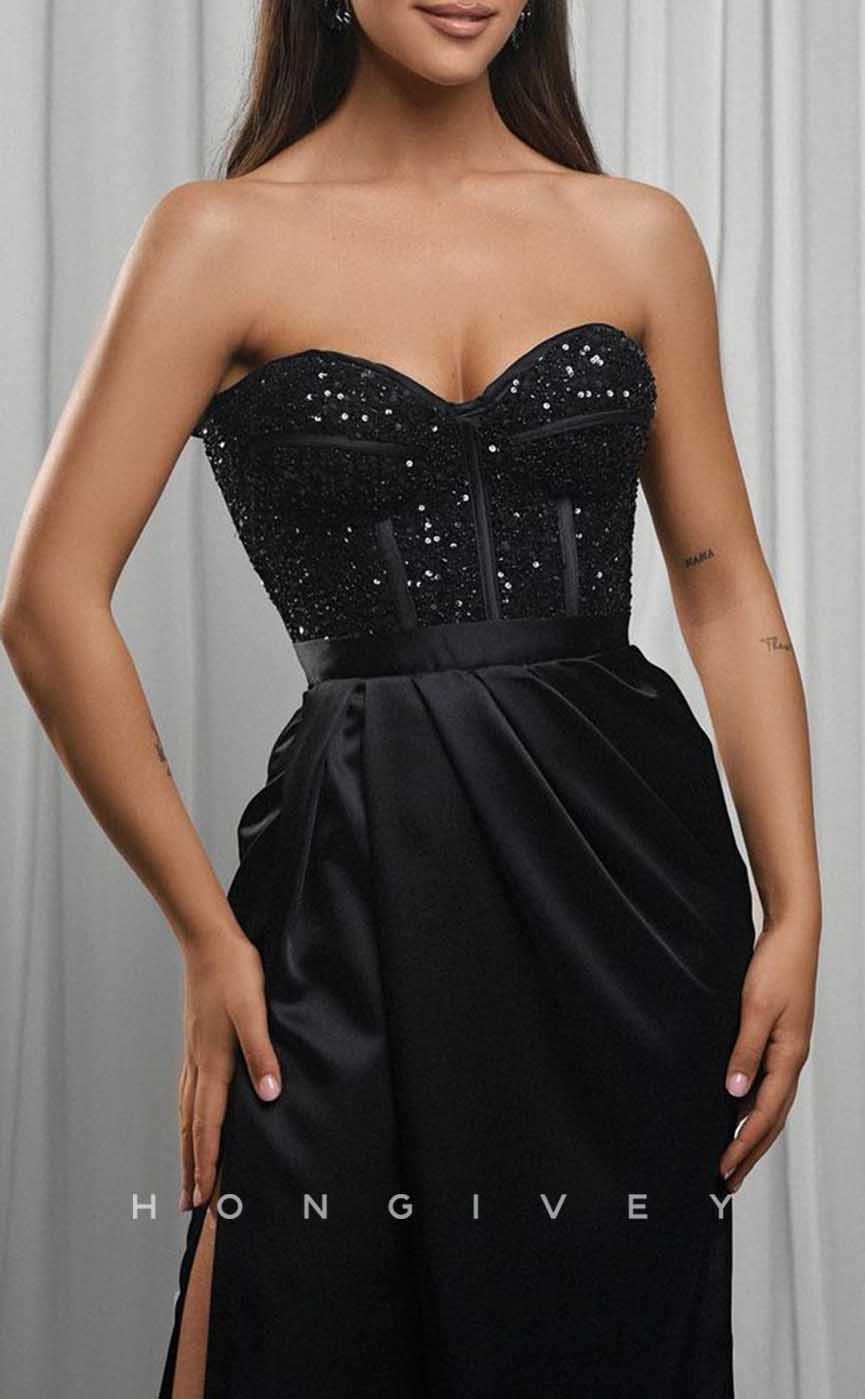 L2045 - Sexy Satin Fitted Sweetheart Strapless Empire Ruched Beaded With Side Slit Party Prom Evening Dress - Fashionpara